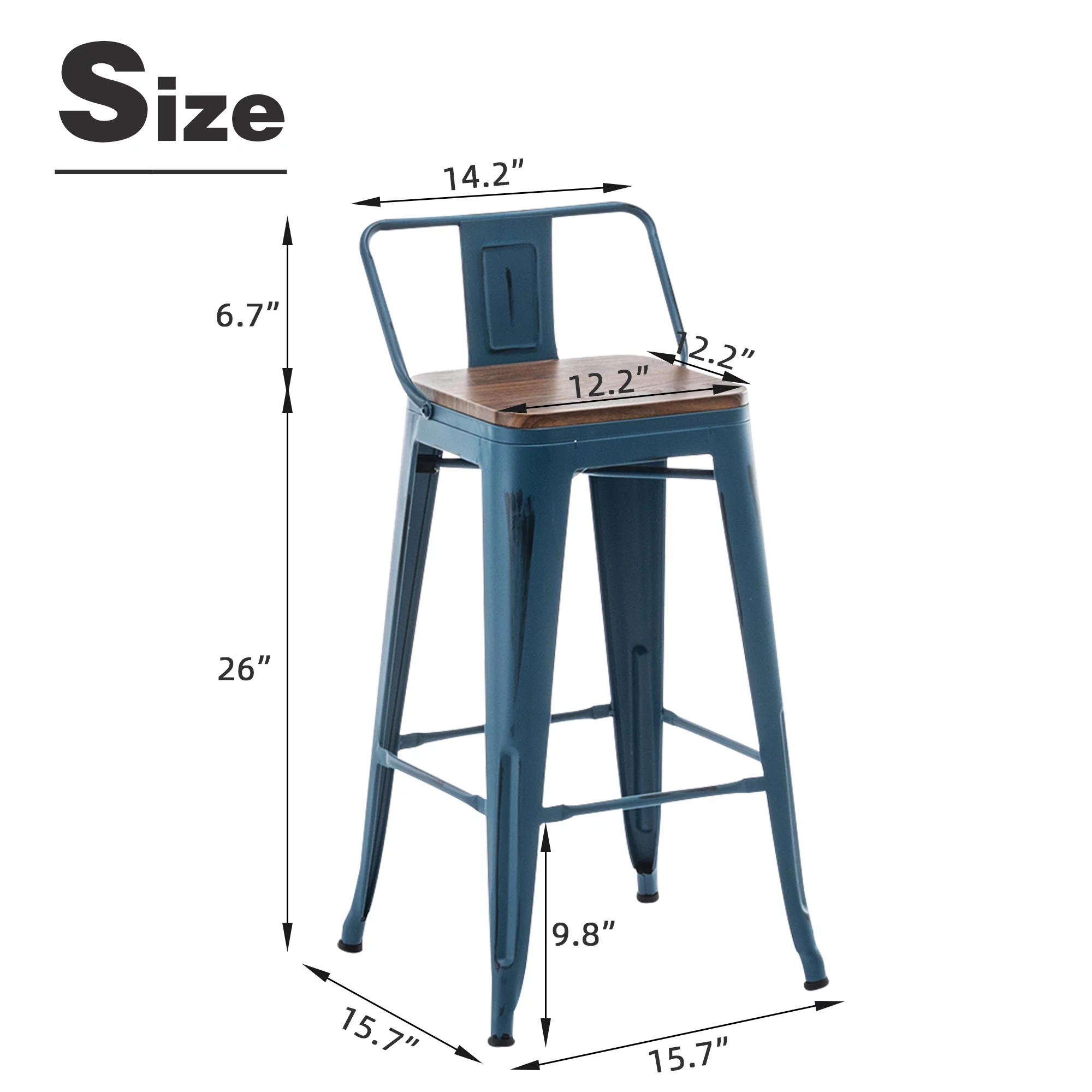 Andeworld Bar Stools Set of 4 Counter Height Stools Industrial Metal Barstools with Wooden Seats( 26 Inch, Distressed Navy)