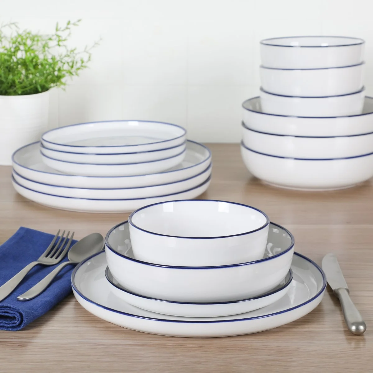 Gibson Home Vienna 16 Piece Porcelain Dinnerware Set, White w/ Blue Rim