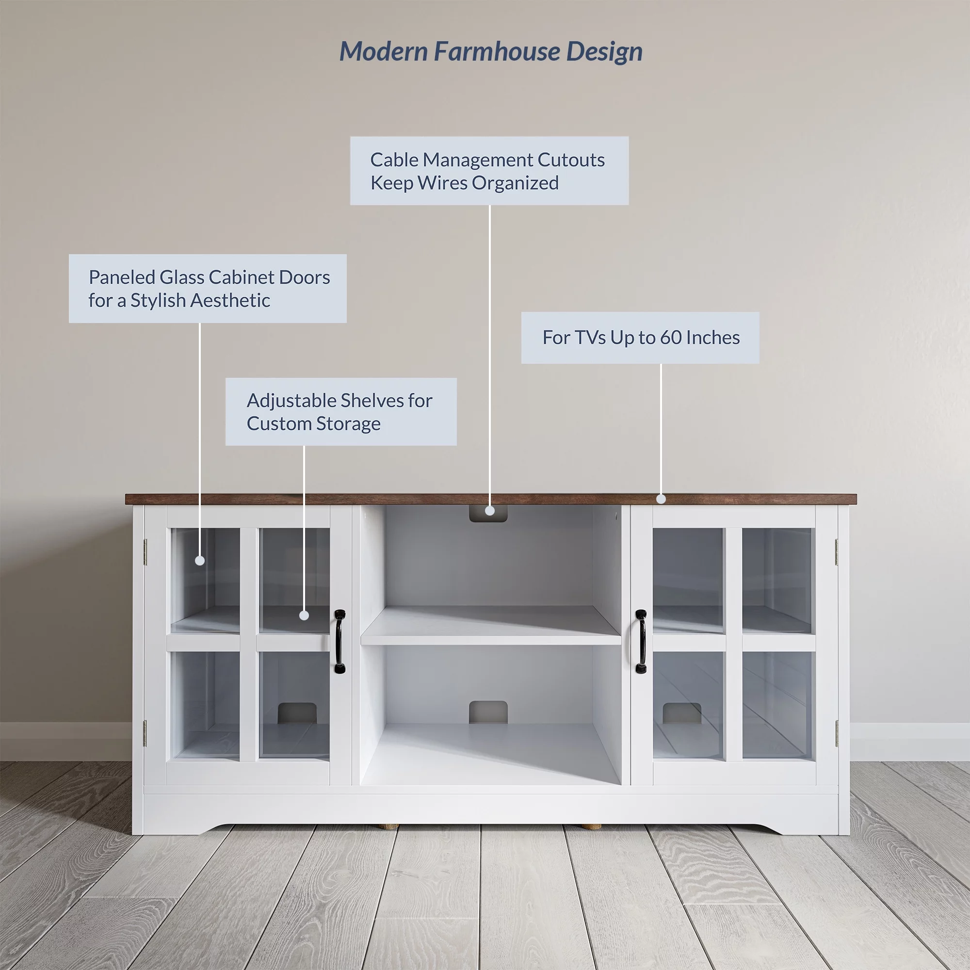 BELLEZE Modern 52 Inch Traditional TV Stand & Media Entertainment Center Console Table for TVs up to 55 Inch or Sideboard Buffet with Wood Glass Storage Cabinets - Cori (White)