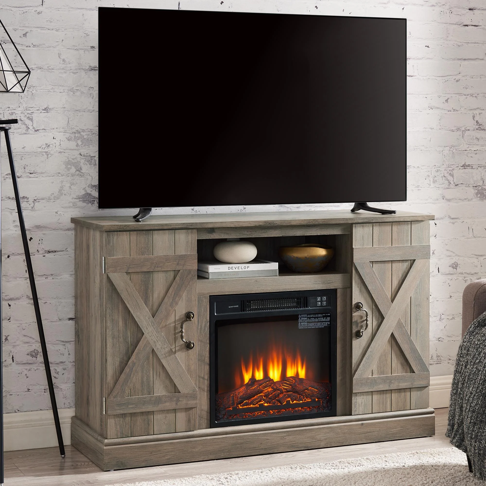 58' Electric Fireplace Heater TV Stand for 65' TVs, Wood Fake Fireplace Heater, Brown Electric Fireplace Entertainment Center with Doors and Adjustable Shelf, TE1055
