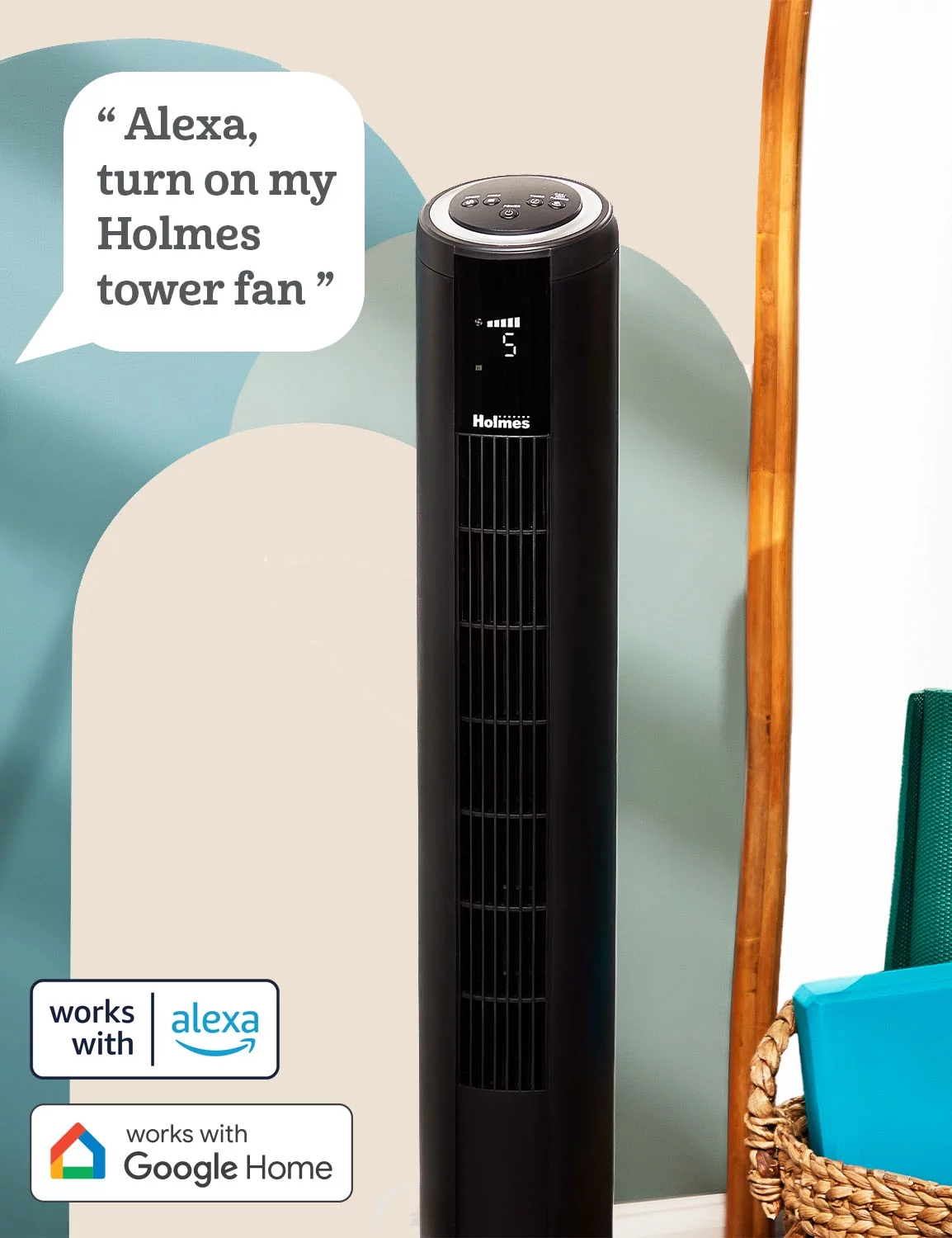 Holmes 42' SmartConnect Wi-Fi Oscillating Digital Tower Fan, 5 Speeds, Remote Control, Black