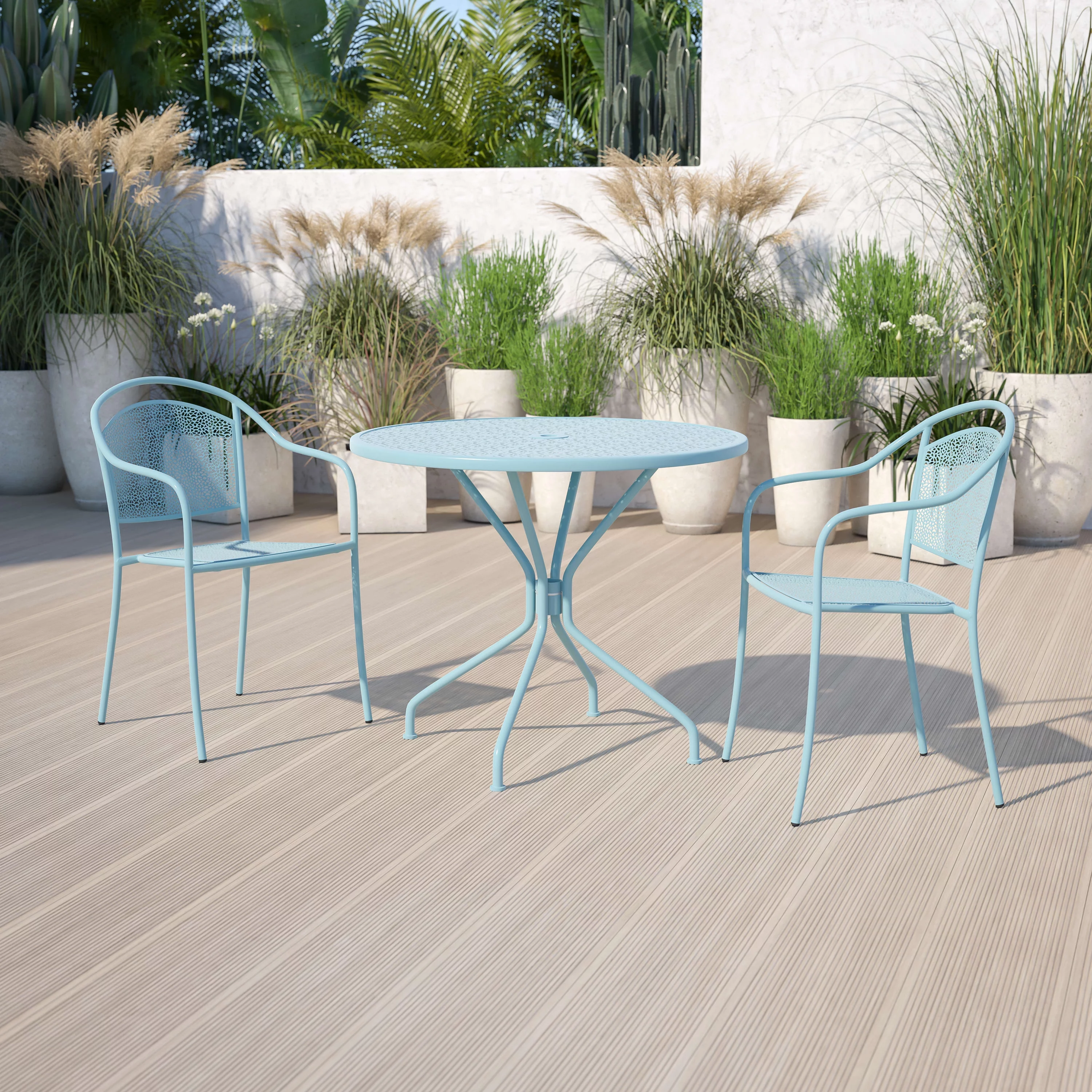 Flash Furniture Oia Commercial Grade 35.25' Round Sky Blue Indoor-Outdoor Steel Patio Table with Umbrella Hole