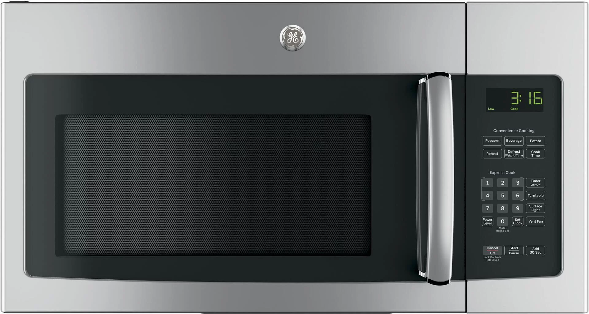 GE? 1.6 Cu. Ft. over-The-Range Microwave oven, Model JVM3162RJSS in Stainless Steel.