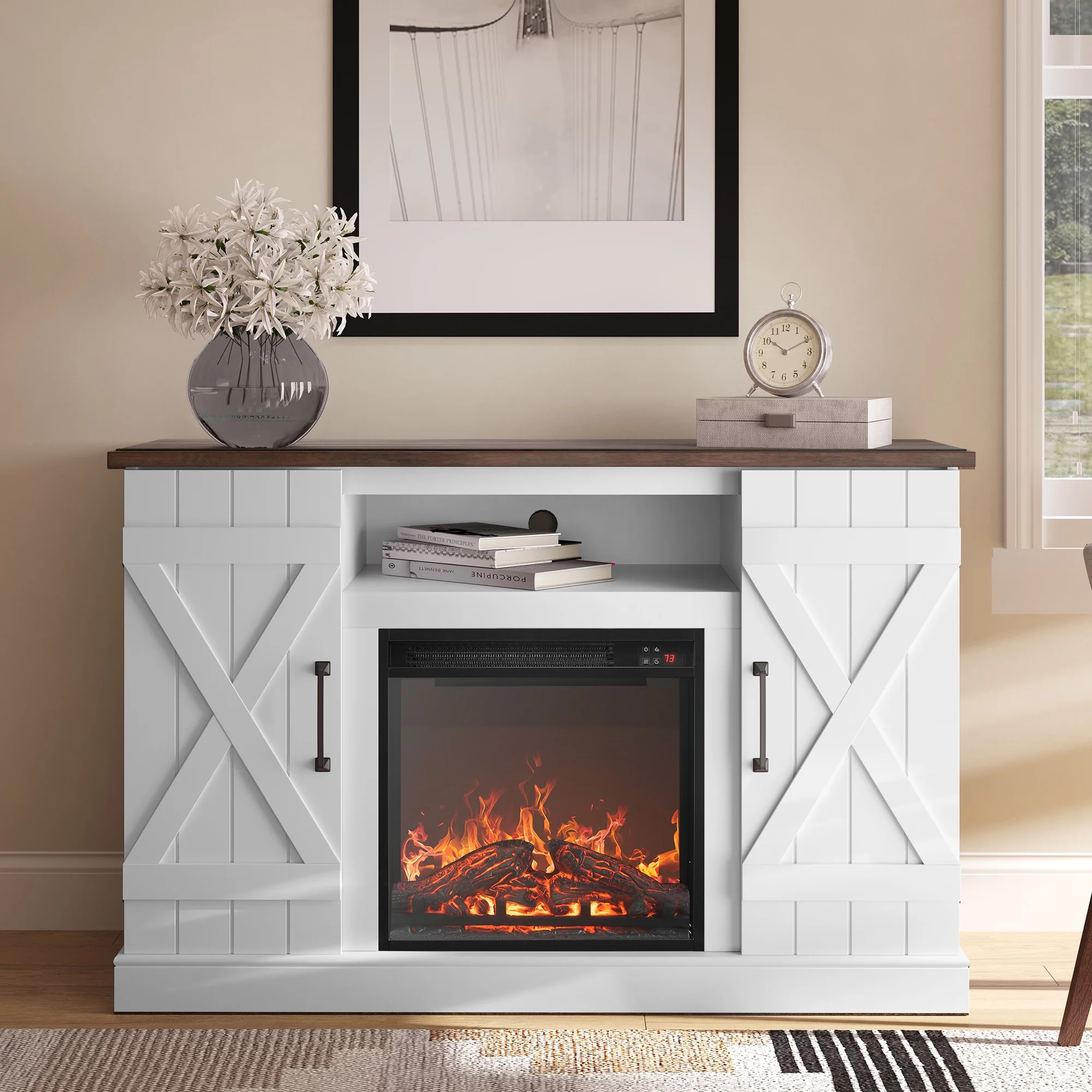 BELLEZE 47' TV Stand with 18' Electric Fireplace, Barn Door TV Stand for TVs up to 50