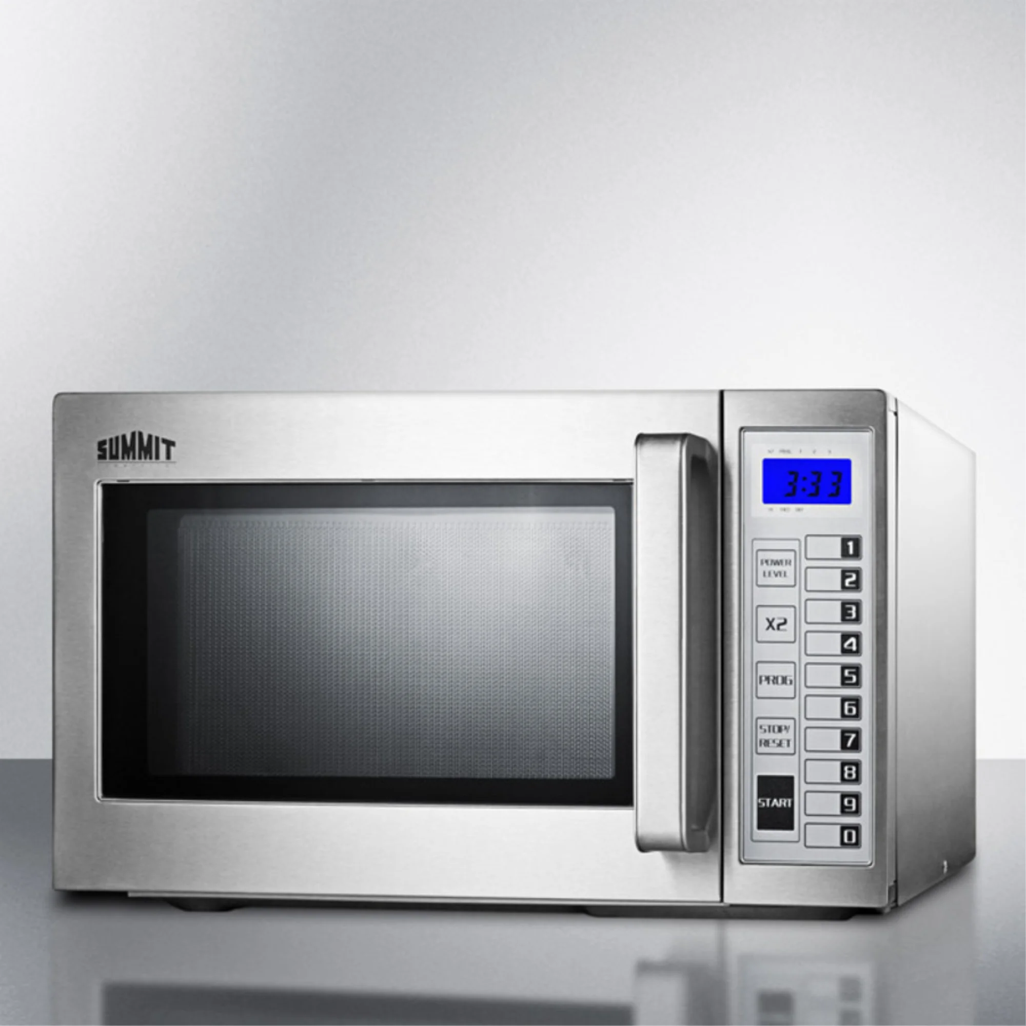 Commercially approved microwave with stainless steel exterior and interior