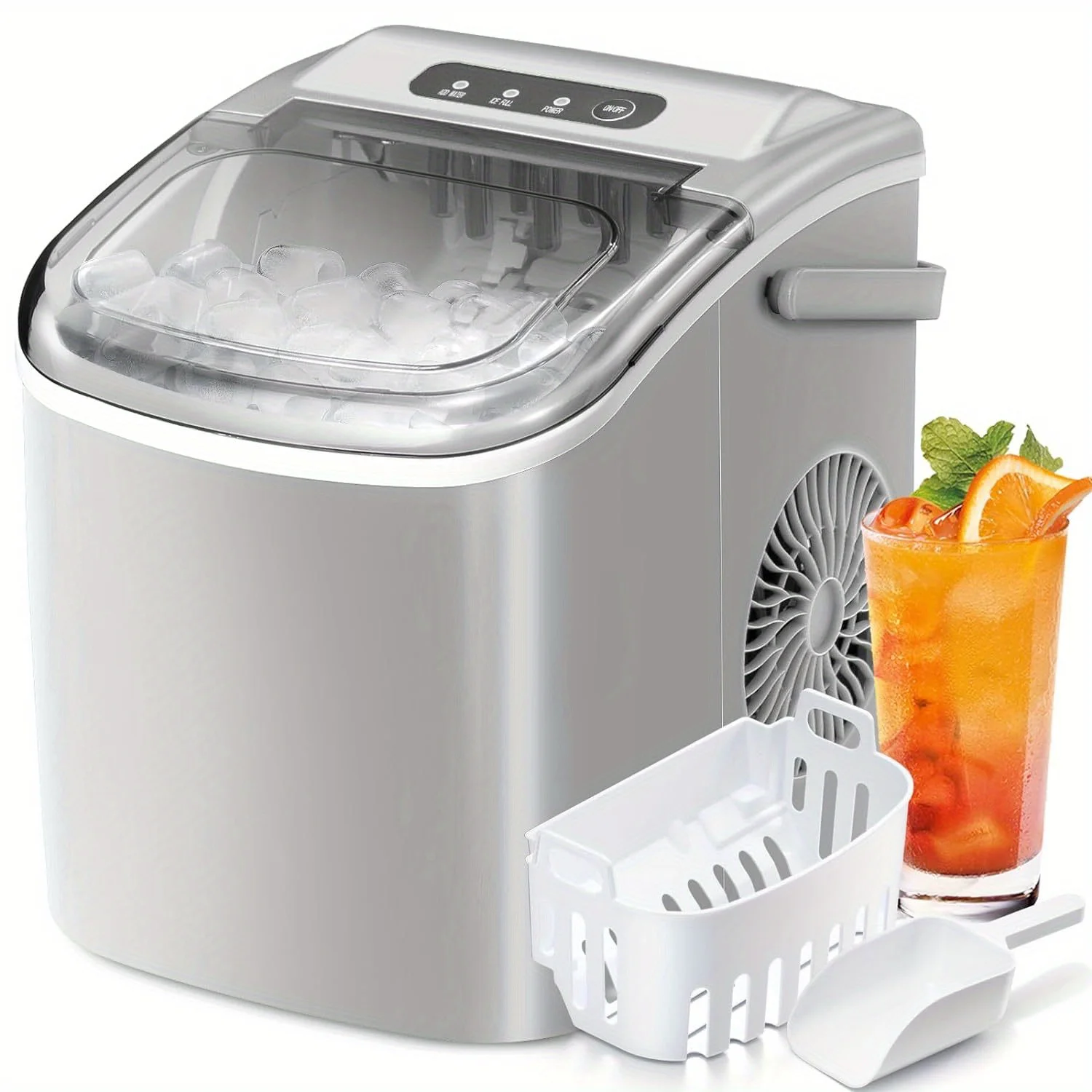 Ice Maker Portable Ice Machine with Handle,26Lbs/24H, 9 Ice Cubes Ready in 6 Mins, Automatic-Cleaning Ice Makers, for Home Kitchen Party Bar White