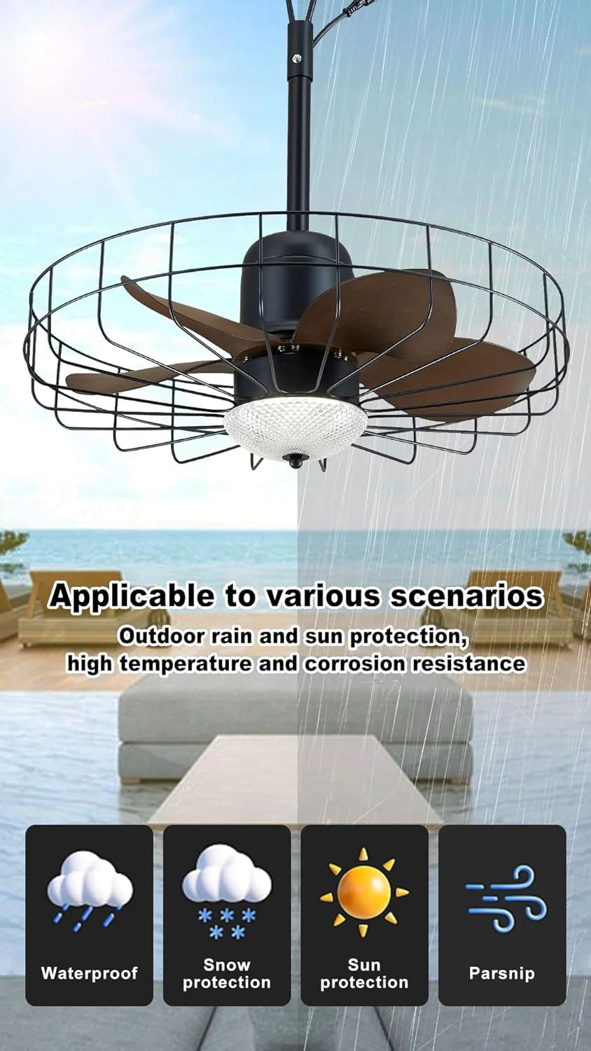23' Outdoor Gazebo Fan with Dimmable Light and Memory Remote, Plug-In Wet Rated Outdoor Ceiling Fan, Outdoor Hanging Fan For Gazebo, Patio, Waterproof
