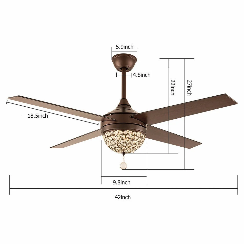 42'' Crystal Ceiling Fan Light Chandelier Dimmable 4 Blades LED Lamp with Remote