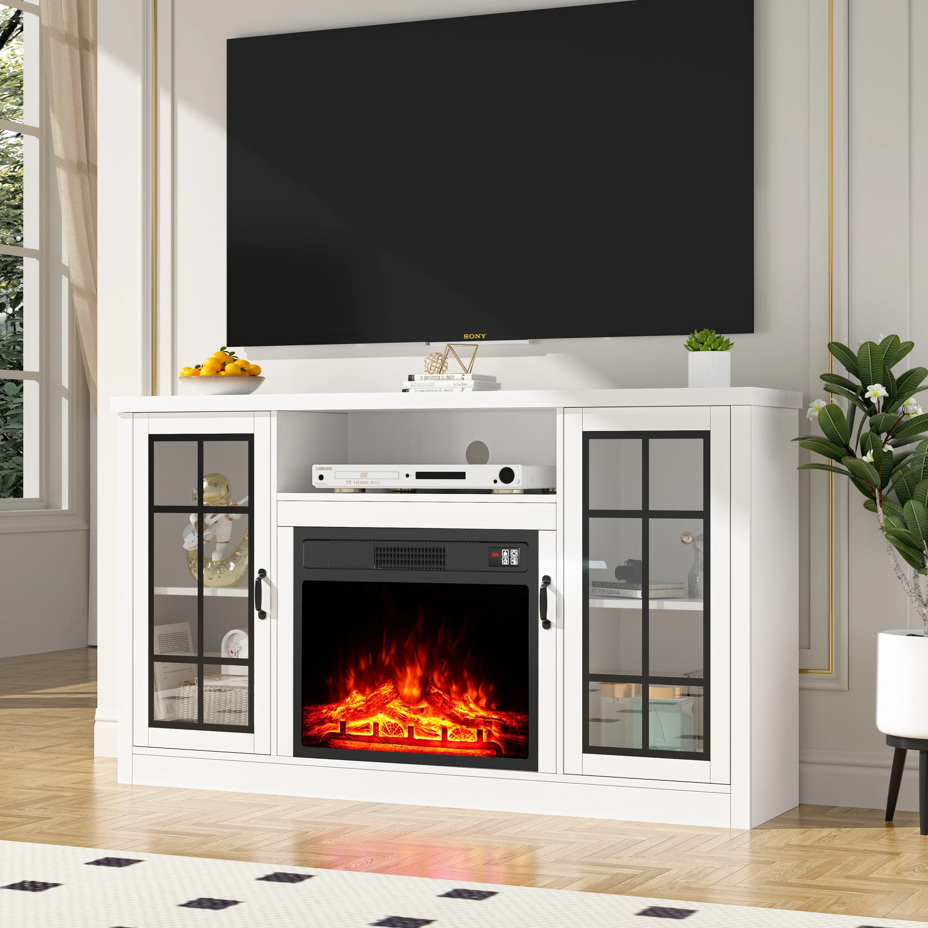 GetYes Modern 59' TV Stand with 23' Electric Fireplace, White, Single Flame Color
