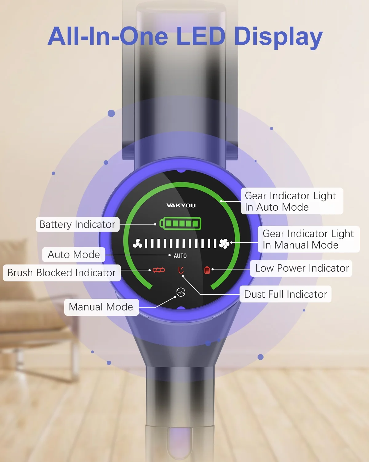 Cordless Stick Vacuum, 3-in1 Brushless Motor 450W/33Kpa Stick Vacuum Cleaner with LED Screen Lightweight Handheld Vacuum 55mins Runtime for Carpet Floor Pet Hair