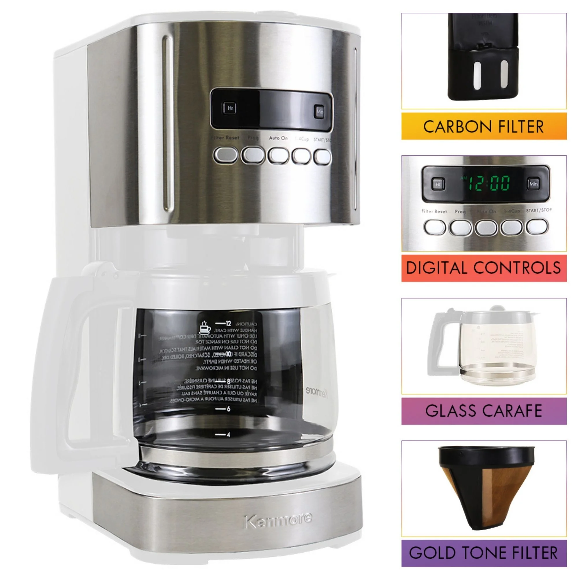 Kenmore 1.8L Chrome Tone 12 Cup Digital Programmable Drip Coffee Maker, White