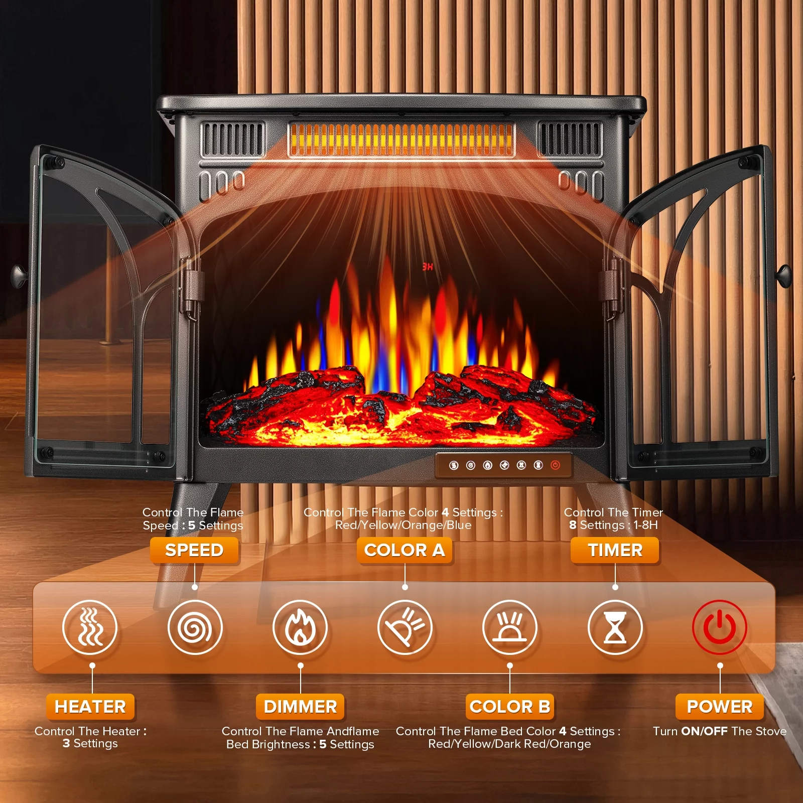 Auseo Electric Fireplace Heater 25'' with 3D Realistic Flame Effect, Freestanding Fireplace with Remote Control, Timer, Different Flame Color,2 Heating Modes 500W/1500W, Grey