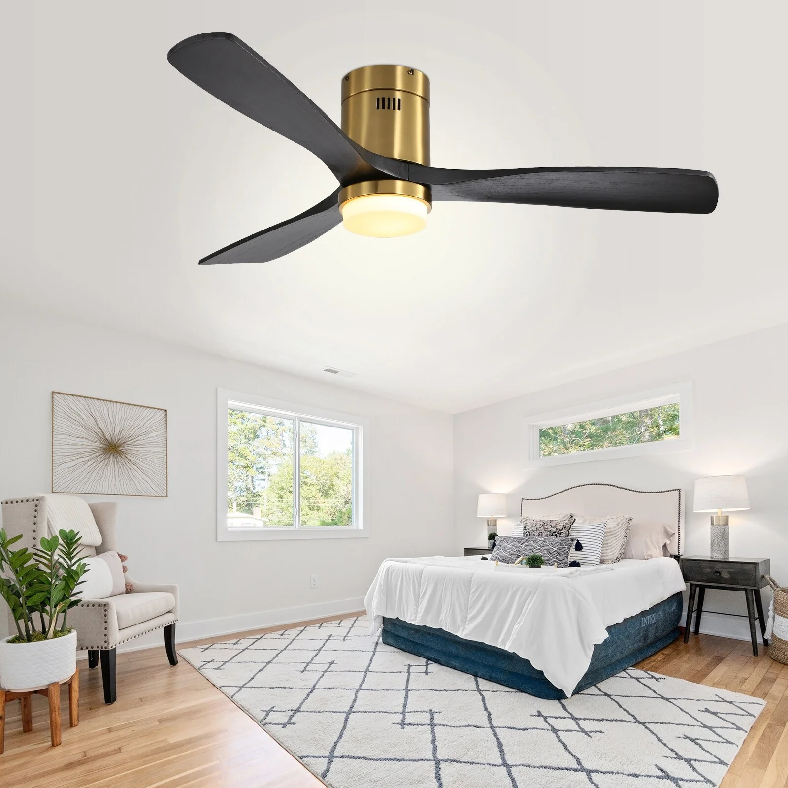 52' Low Profile Ceiling Fan with Light and Remote,Wood Blades,Integrated LED,3 Light options Gold with Black Blades 52 Inch
