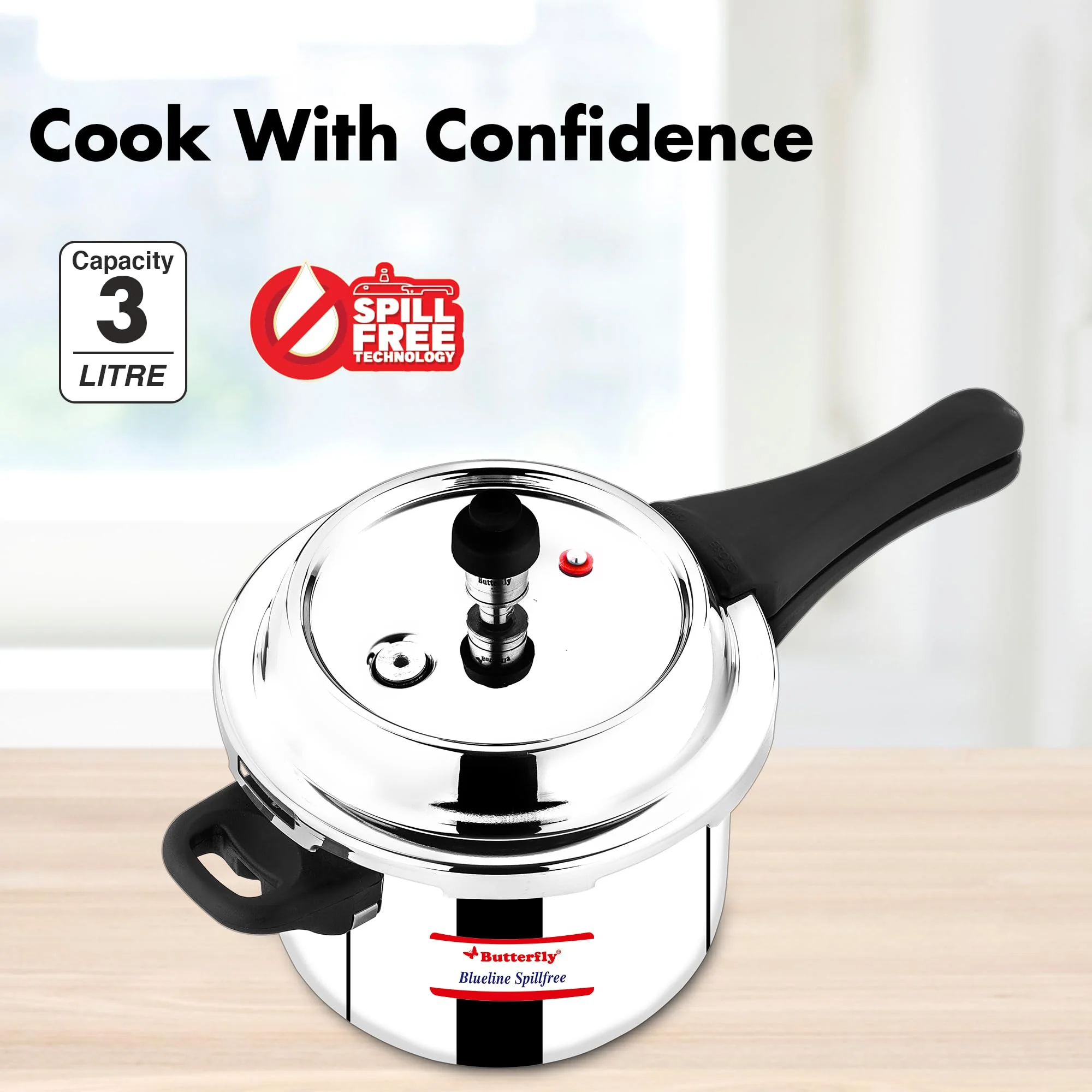 Butterfly Blueline Spillfree Ss Outer Lid Stainless Steel Pressure Cooker, Olc, 3 Liters
