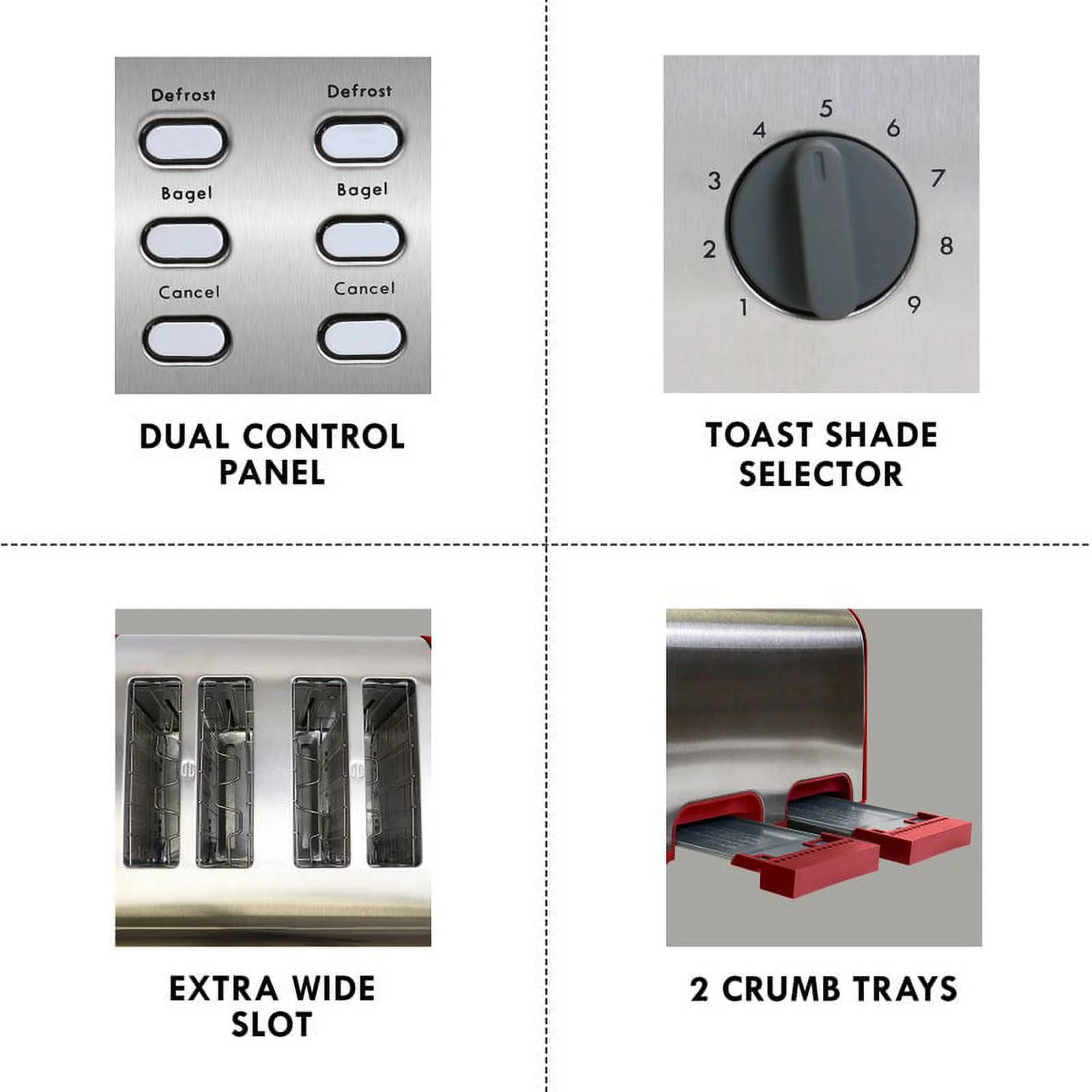 Kenmore 4-Slice Stainless Steel ,Dual Controls Wide Slot Toasters with Bagel, Defrost functions, 9 Shade Settings, Kitchen Appliances