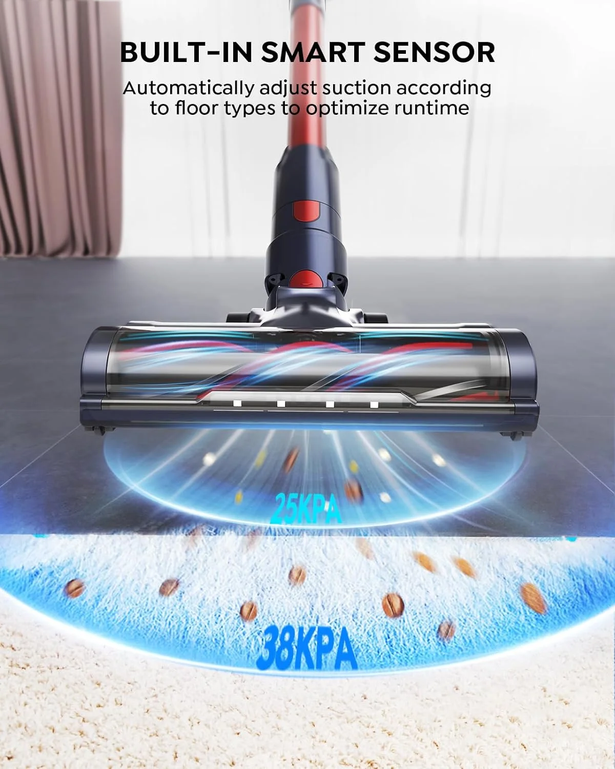 BUTURE Cordless Vacuum Cleaner, 38KPA 450W Powerful Stick Vacuum with LED Touch Screen, Anti-Winding Brush and Wall-Mounted Charging,Automatic Dust Detection,Vacuum Cleaner with 55min Runtime