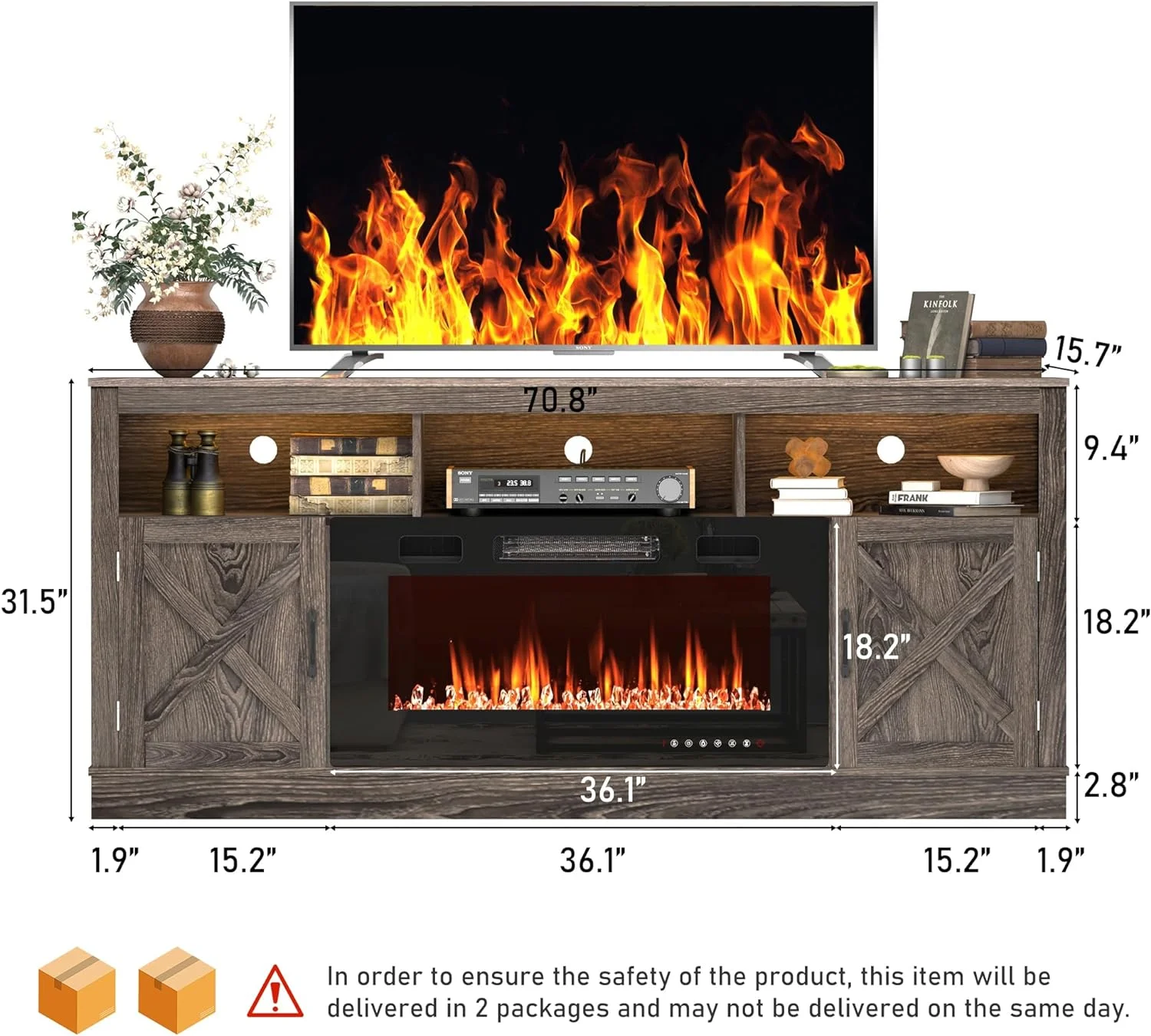 ChVans 70' Fireplace TV Stand for TVs up to 80' with 36' Electric Fireplace, Farmhouse Entertainment Center with LED, Wooden Media Console for Living Room, Bedroom(Grey)