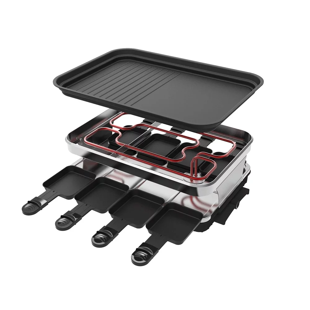 aclette Grill 8 People Grill Plate Non-stick Coated, Raclette with 8 Mini Raclette Pans, Infinitely Adjustable Temperature, 1500W