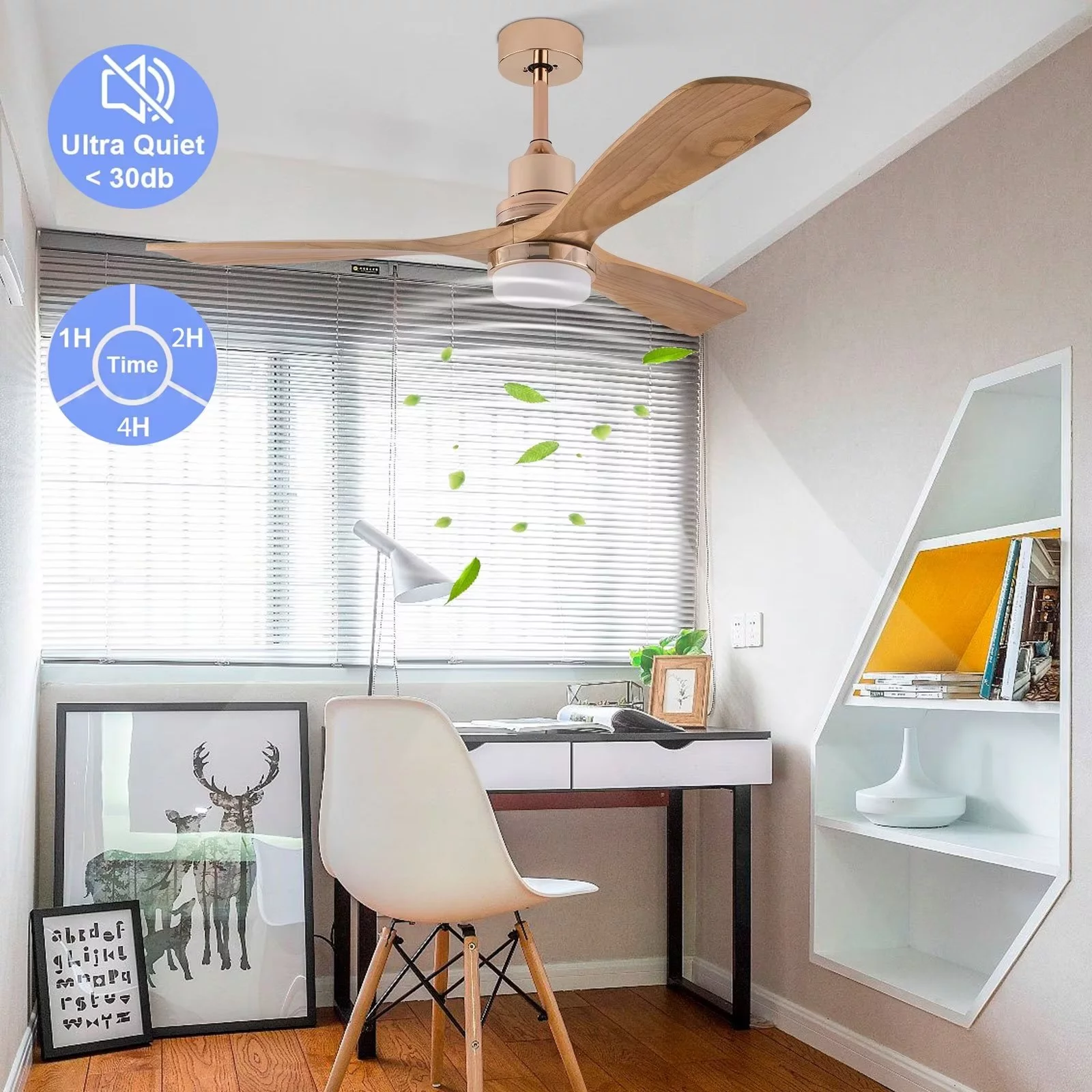 48 inch Wood Grain 3 Blades Reversible Down Rod Ceiling Fan Light DC 110-120V, Modern Reversible LED Chandelier Ceiling Fan with Light and Remote Control