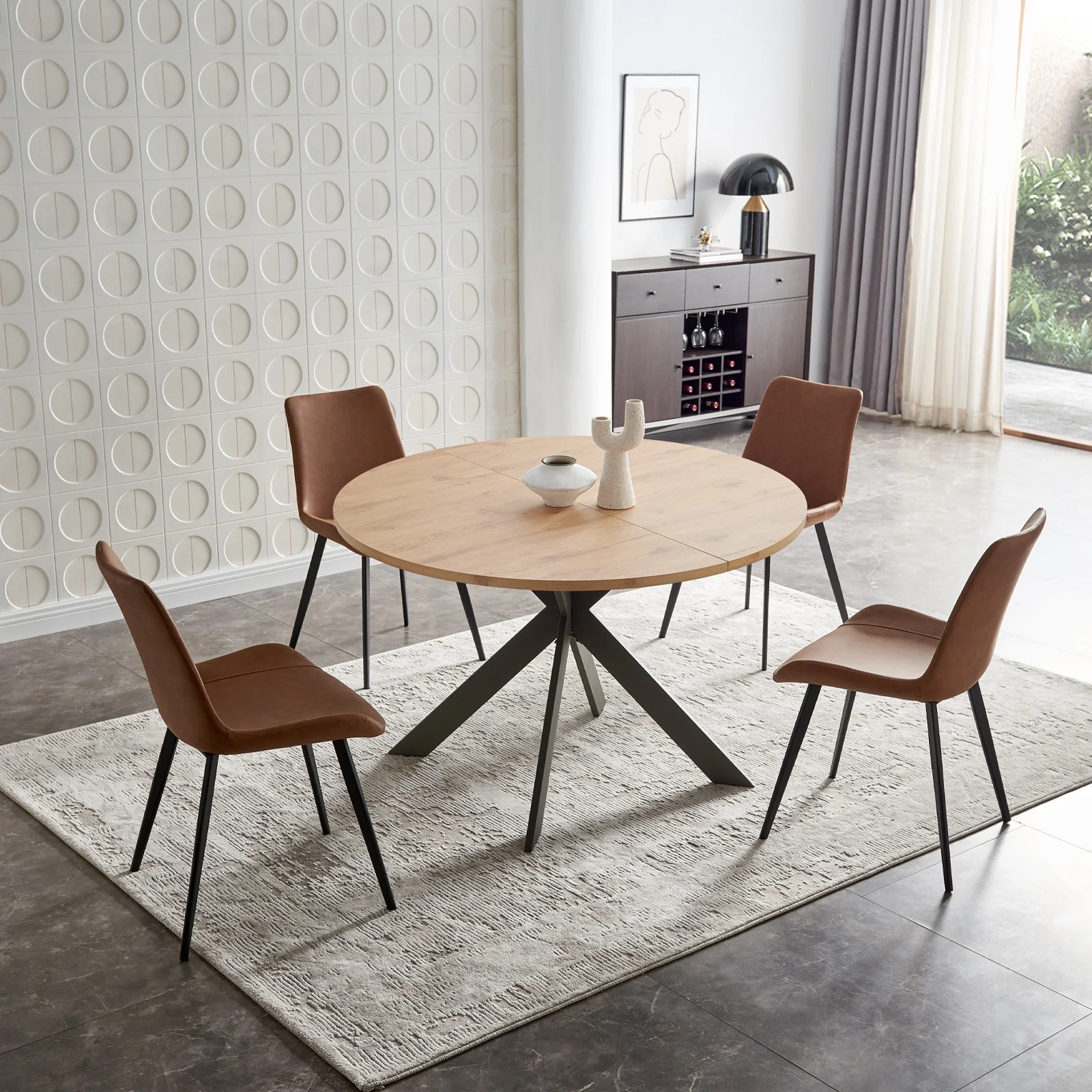 46.4' Round Dining Table Set, Mid Century Modern Round Dining Table for 4-6 Person, Steel Legs, Leisure Coffee Table for Kitchen Dining Room, Save Space