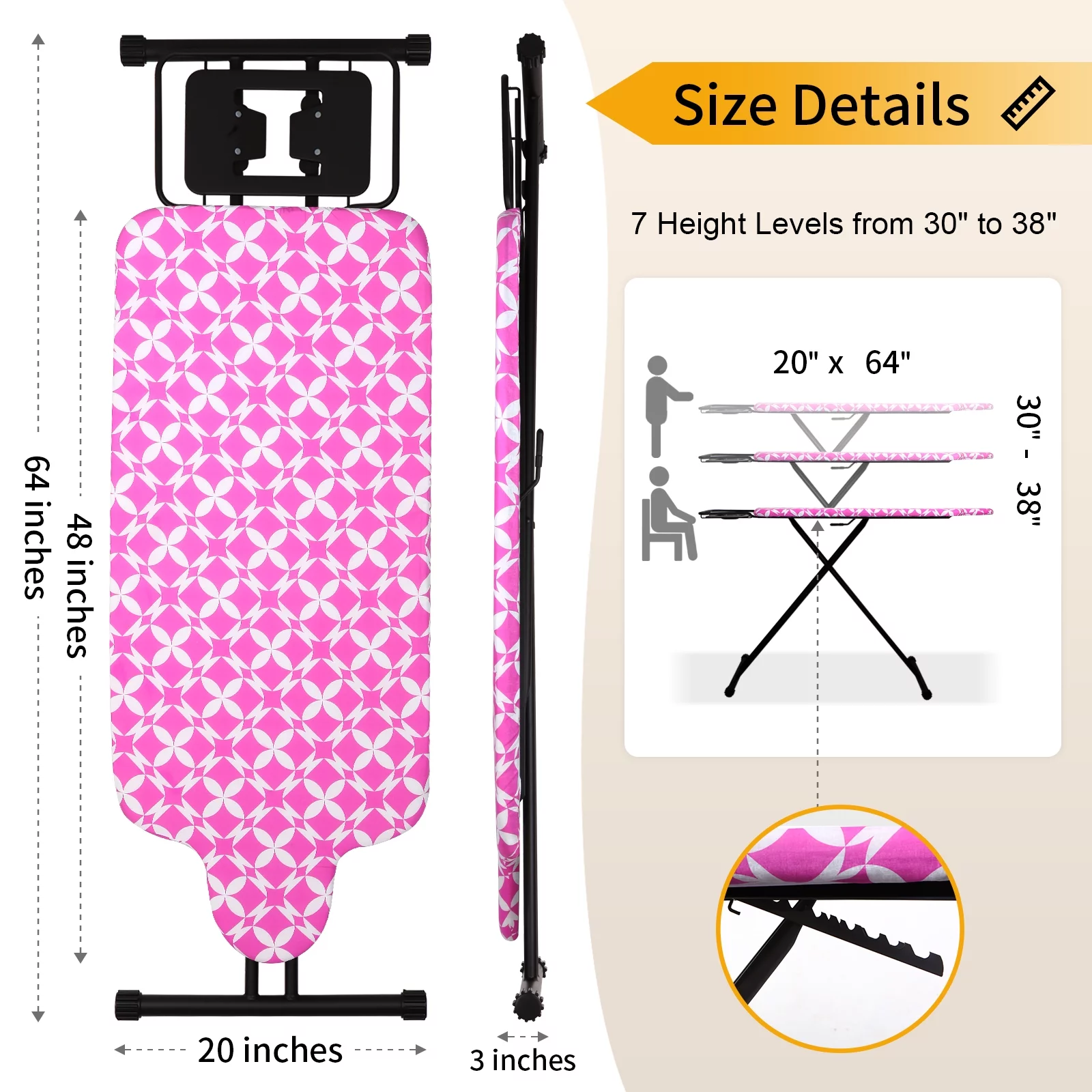 KDJ HOME SLIETON Extra Large Ironing Board with large hang rail and iron rest in 64'L x 20'W x 38'H (Pink Diamond Cover)