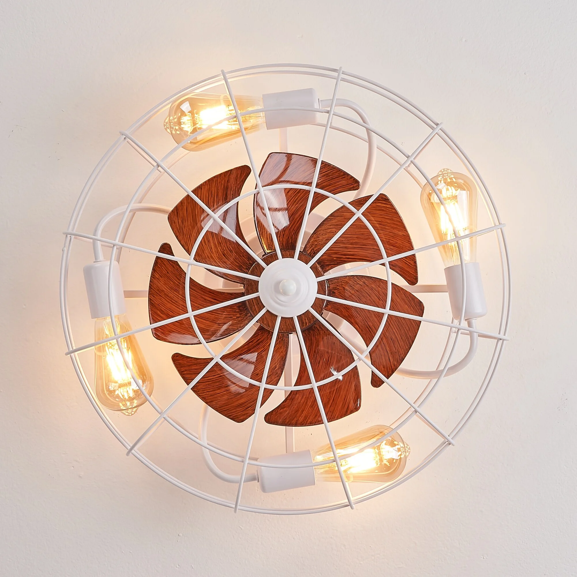20 in. Modern White Cage Ceiling Fan with Light Indoor Flush Mount Low Profile Bedroom Ceiling Light with Fan and Remote