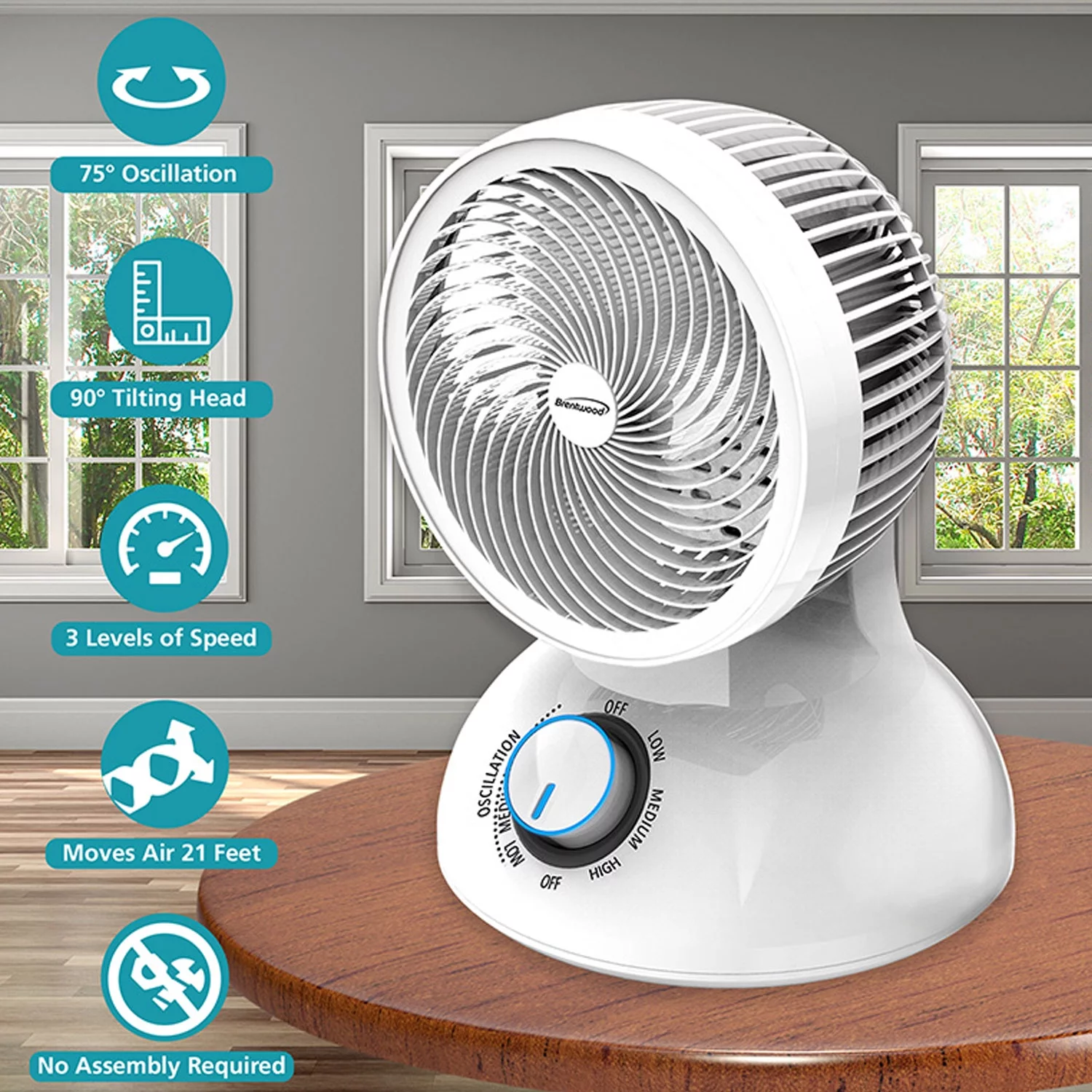 Brentwood F-650MW 6 Inch 3 Speed Oscillating Circulator Desktop Fan, White