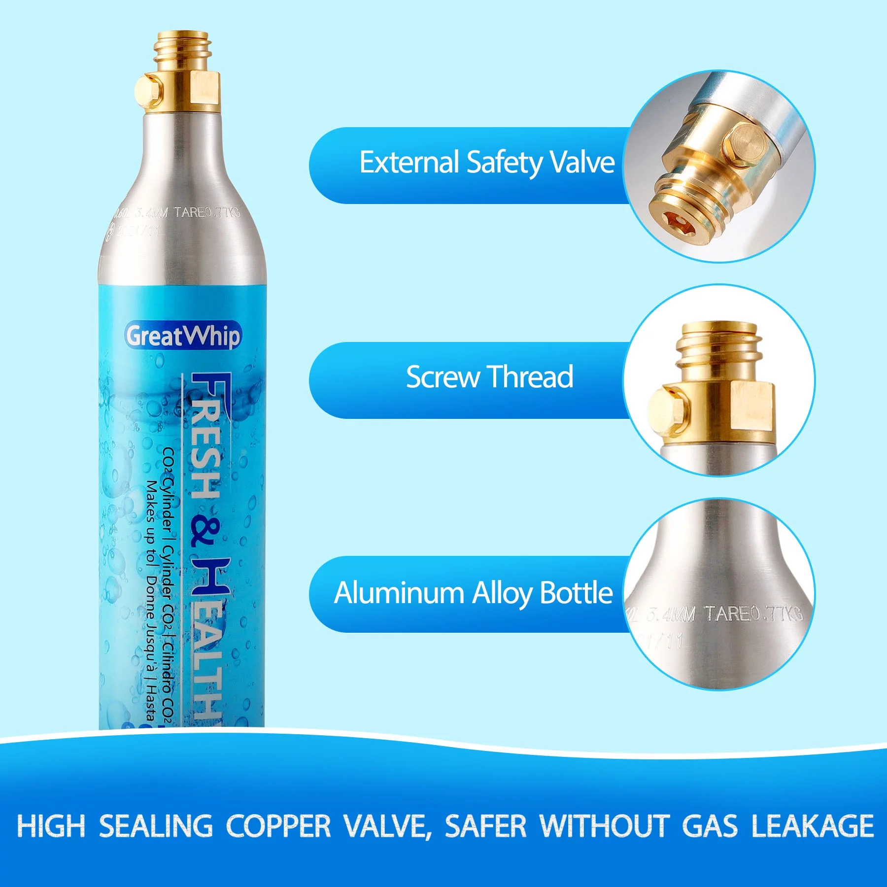 GreatWhip CO2 Cartridges 60L 14.5oz Sparkling Water Gas Cylinders for Soda Makers (6 cylinders)