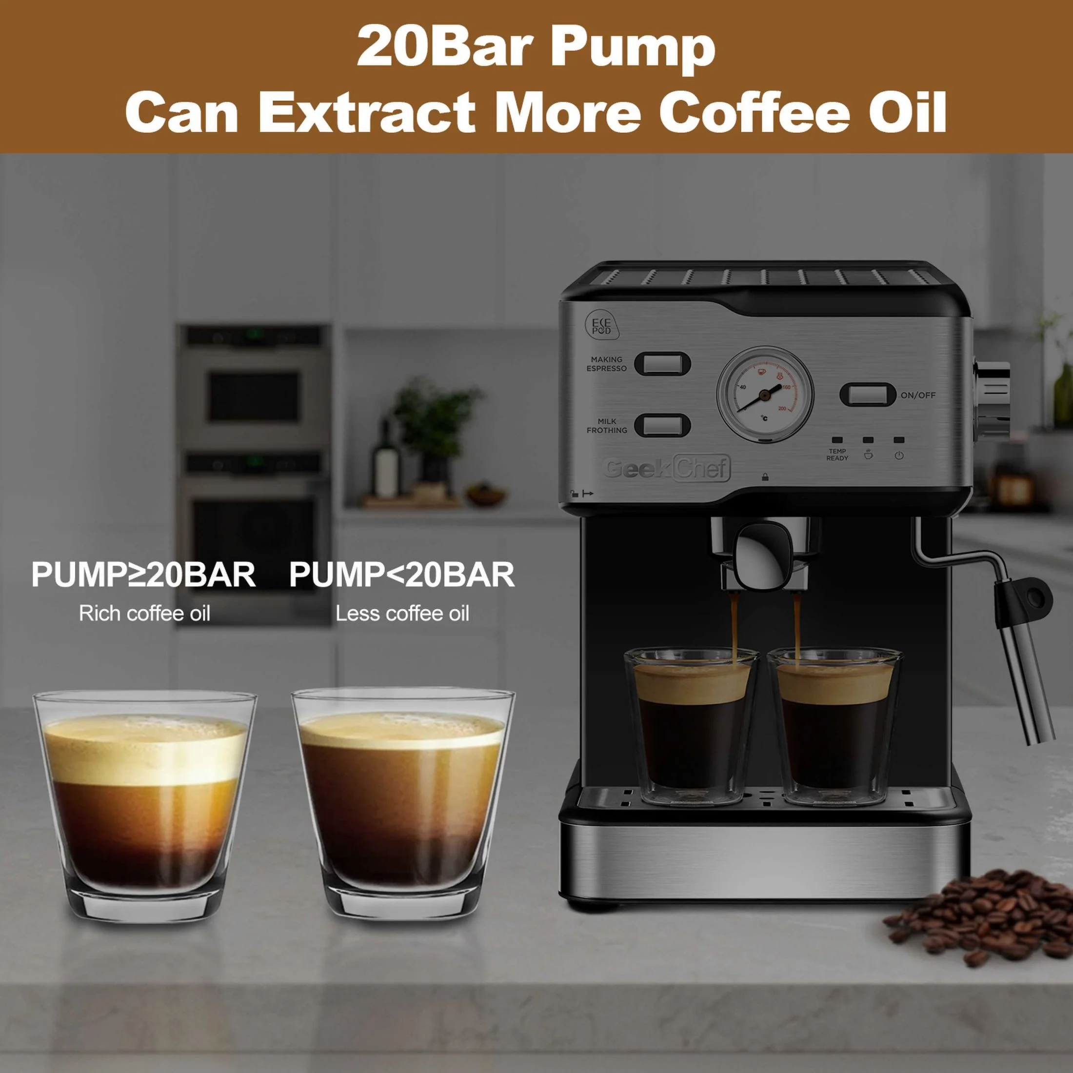 Espresso Machine 20 Bar latte Cappuccino Maker with Milk Frother Steam Wand Compact Coffee Machine Fast Heating, Stainless Steel