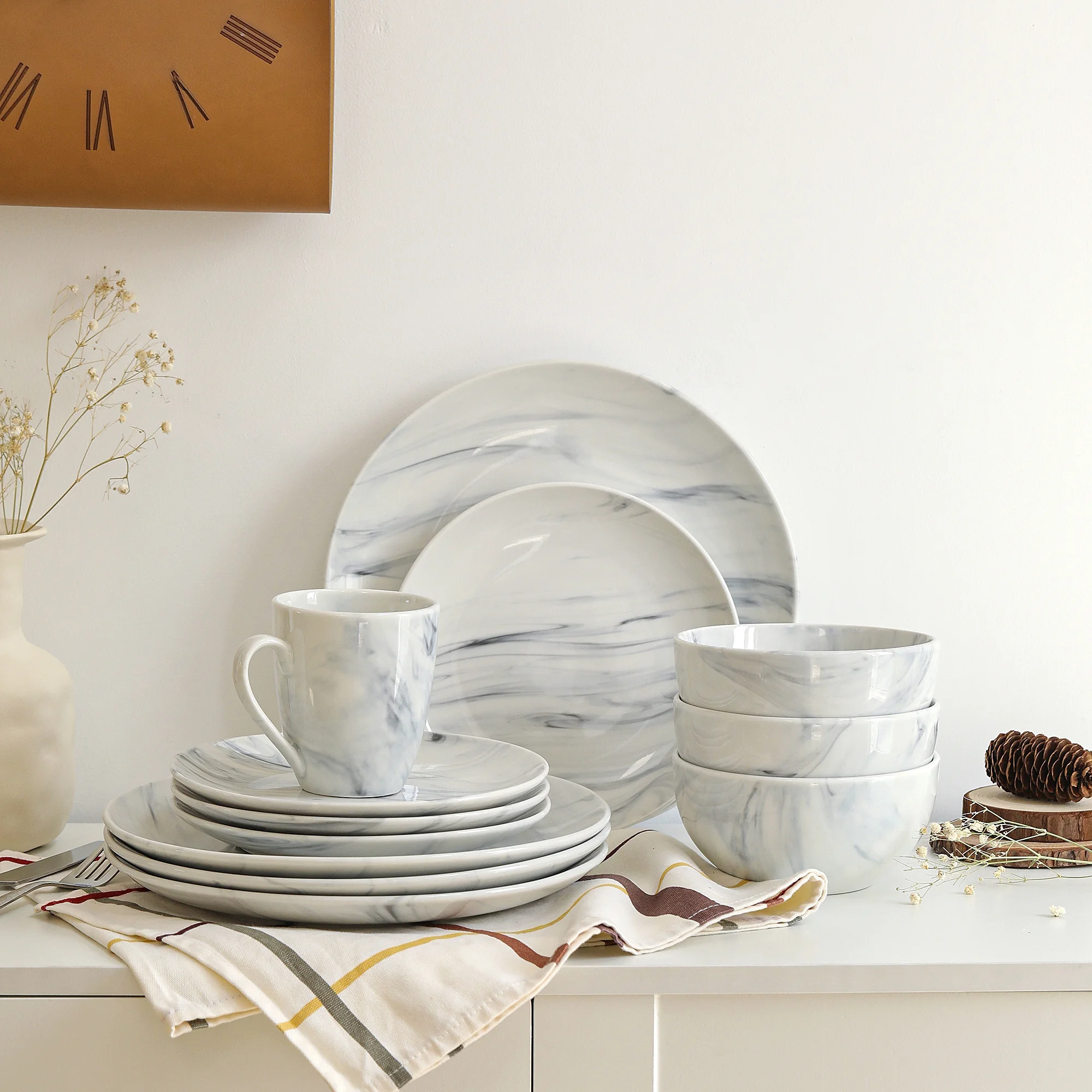 Bestone 16 Piece Dinnerware Set, Porcelain, Chip Resistant, Dinnerware Sets, Plates, Dishes, Bowls, Service for 4, Grey and White Marble