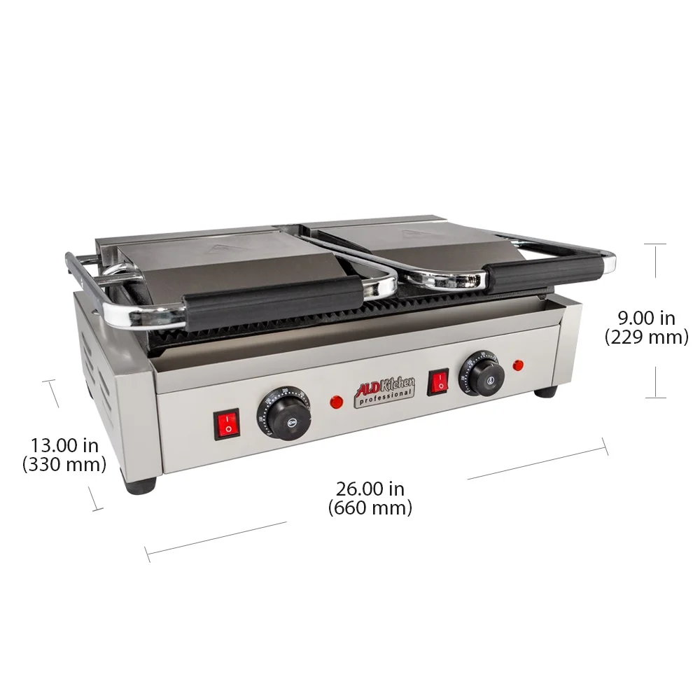 ALDKitchen Panini Sandwich Press Grill | High-quality Durable Stainless Steel Construction with Adjustable Temperature Control Double head 9'x9' (ribbed)