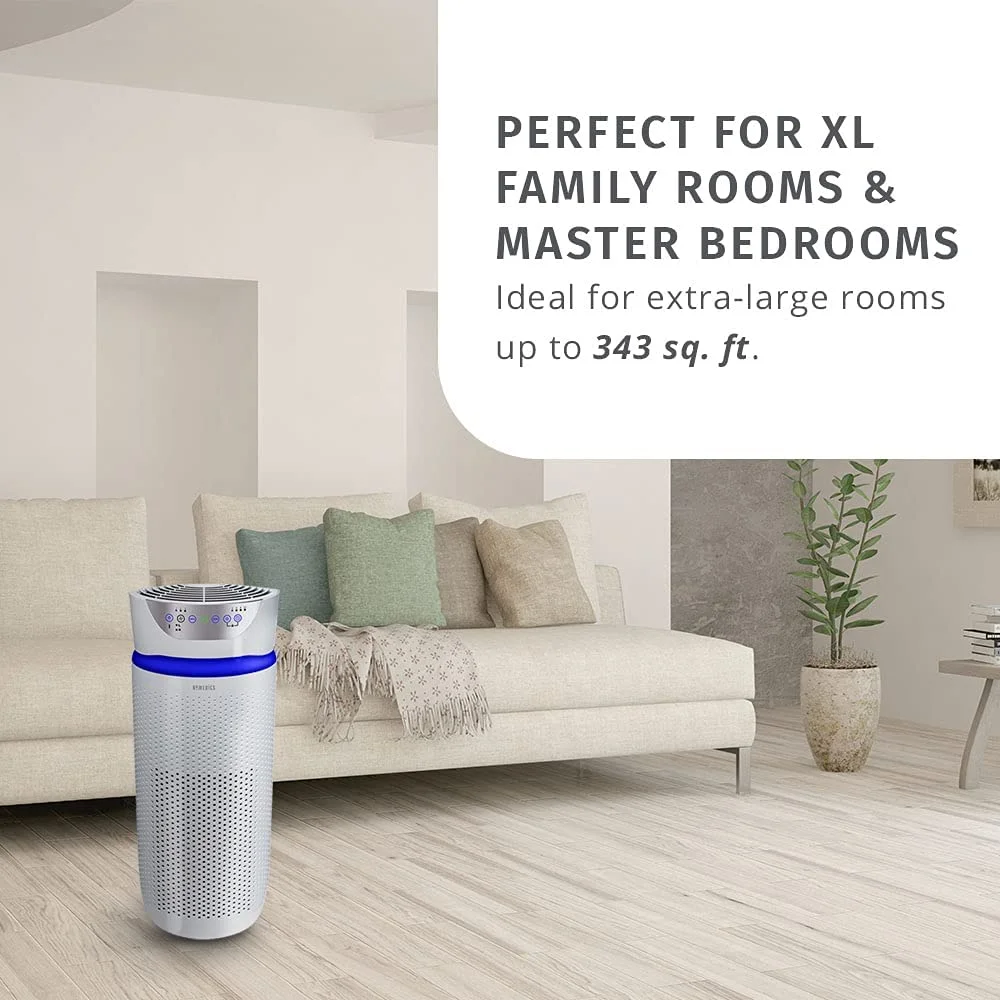 HoMedics TotalClean Deluxe Tower Air Purifier , HEPA Air Purifier, UV-C 5-in-1 Extra-Large Room Air Purifier for Viruses, Bacteria, Allergens, Dust, Germs, (White)T45