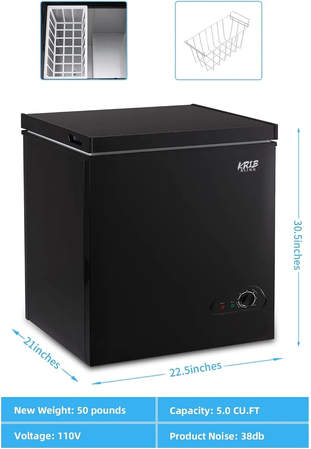 KRIB BLING Chest Freezer 5.0 cu.ft Mini Adjustable 7 Thermostat Compact Deep Freezer Top Door Low Noise with Removable Basket, Black