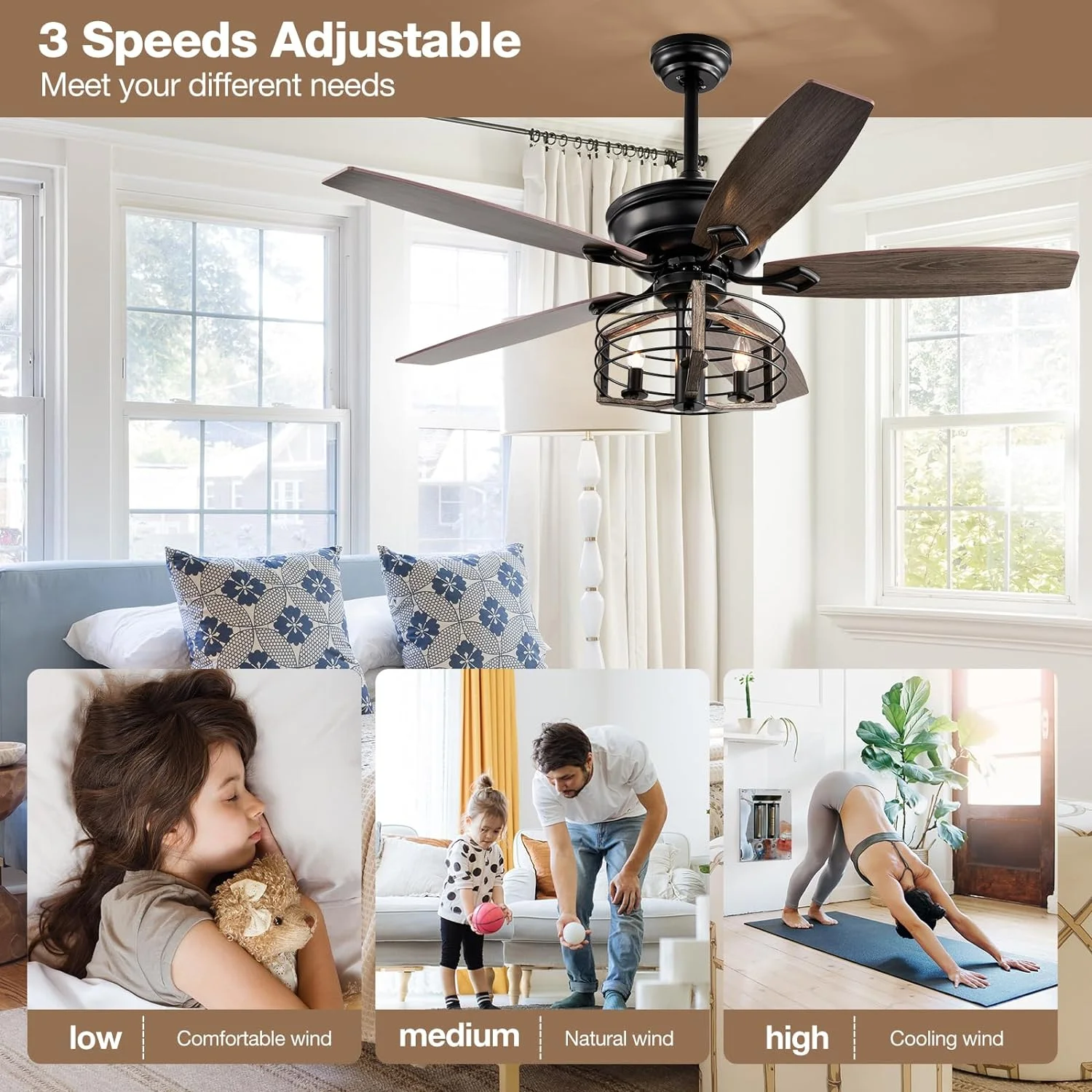 IKIFLY 52 Inch Ceiling Fan with Remote, Farmhouse Ceiling Fan Light Fixture, 5 Dual Finish Blades, 2 Mounting Options, Reversible Airflow for Bedroom, Living Room, Kitchen
