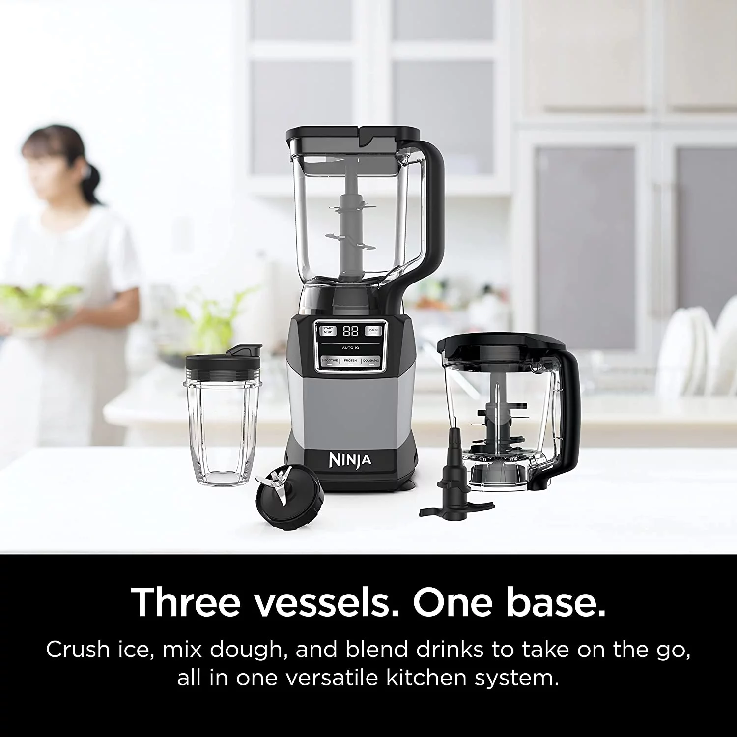 Compact Kitchen System, 1200W, 3 Functions for Smoothies, Dough & Frozen Drinks with Auto-IQ, 72-oz.* Blender Pitcher, 40-oz. Processor Bowl & 18-oz. Single-Serve Cup, Grey