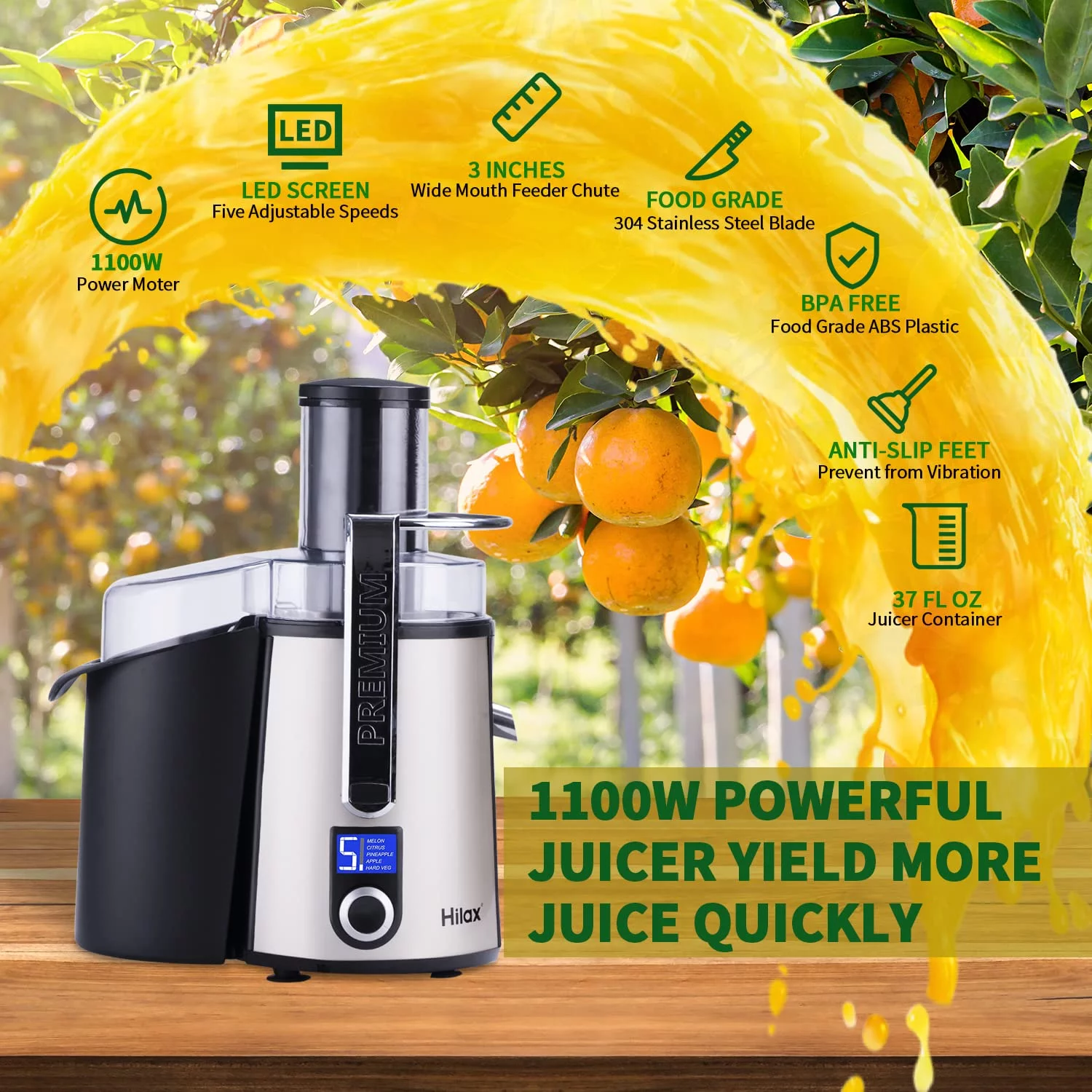 Hilax Centrifugal Juicer Machine - LCD Monitor 1100W Juice Maker Extractor, 5-Speed Juice Processor Fruit and Vegetable, 3' Feed Chute Stainless Steel Power Juicer (Champagne)