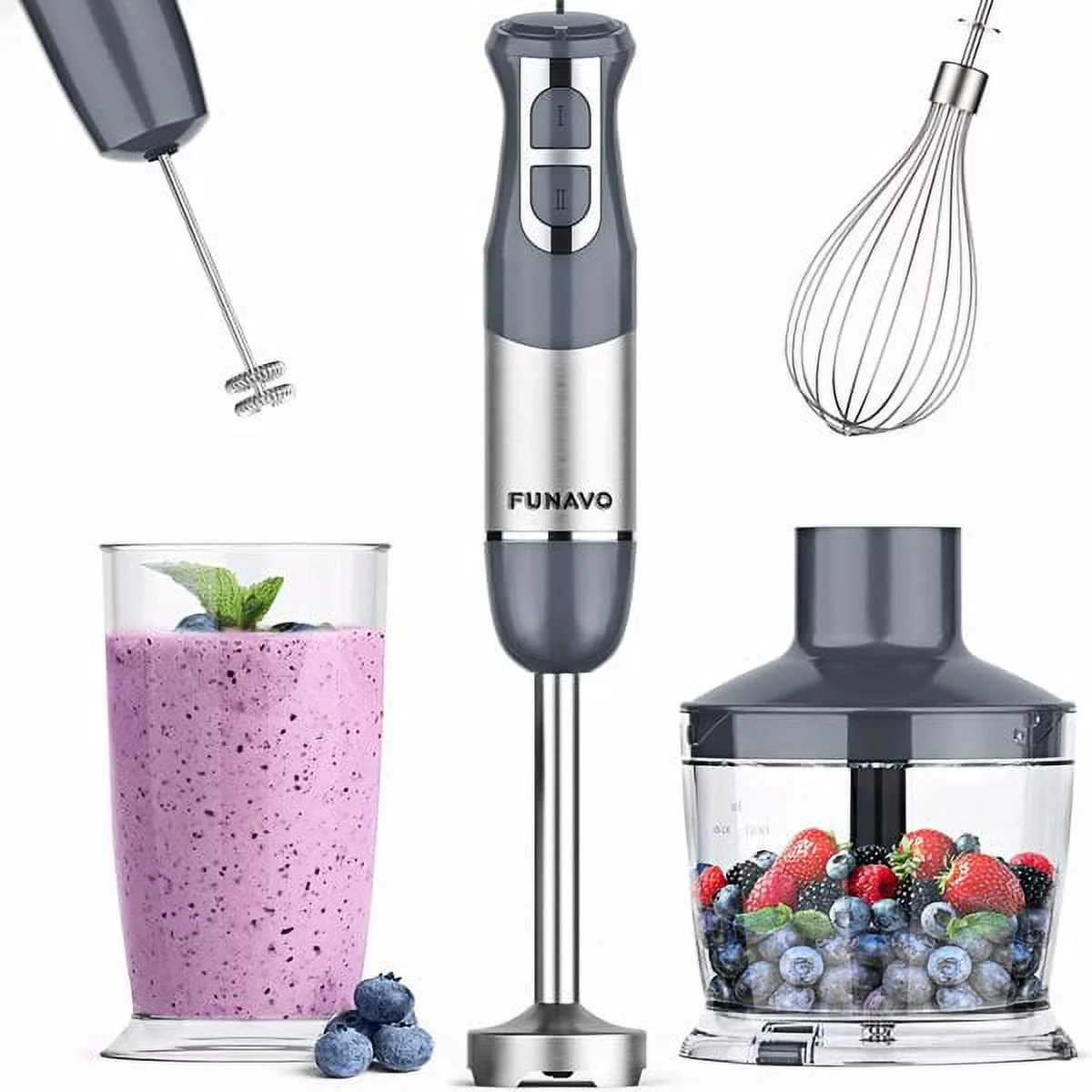 Hand Blender, ZPL 800W 5-in-1 Immersion Hand Blender, 12-Speed Multi-function Stick Blender with 500ml Chopping Bowl, Whisk, 600ml Mixing Beaker, Milk Frother Attachments, BPA-Free, Black