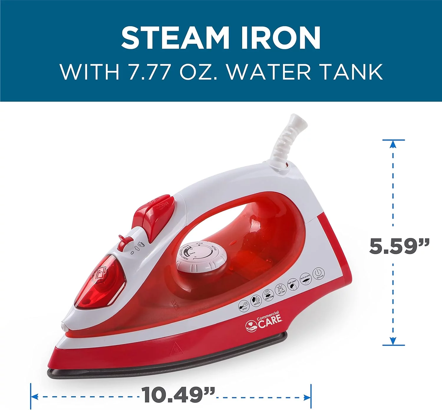 CCSI300 Steam Iron With 7.4 Ounce Water Tank, 1200 Watts, Comfort Grip,Red