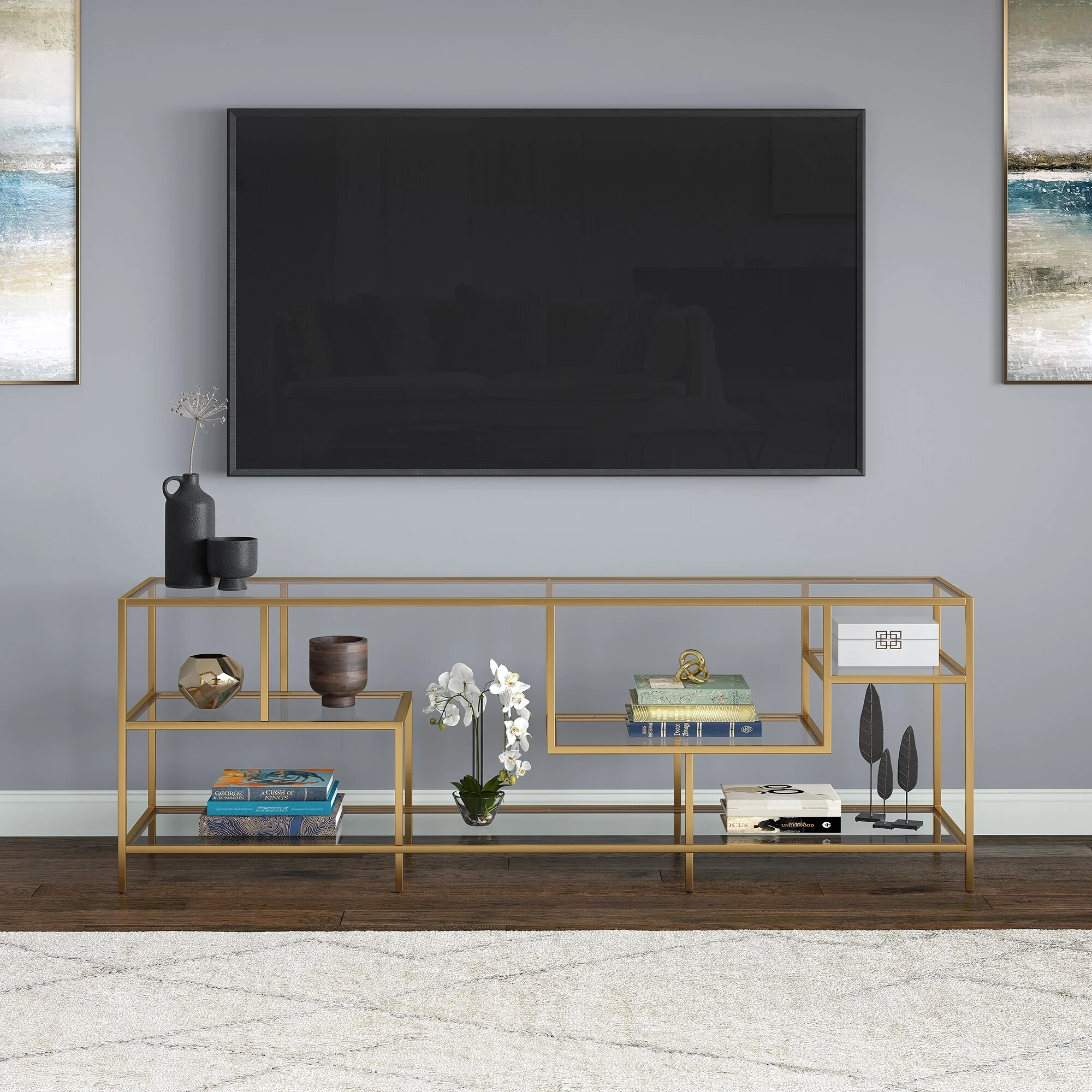 Evelyn&Zoe Deveraux Rectangular TV Stand with Glass Shelves for TV's up to 75