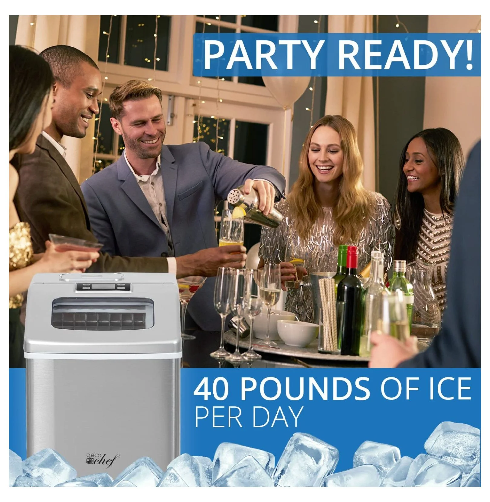 Countertop Ice Maker 40LB/24H, 24 Full Cubes Every 15 Minutes, Adjustable Size, Digital Control and Timer, Self-Cleaning, Included, Stainless Steel