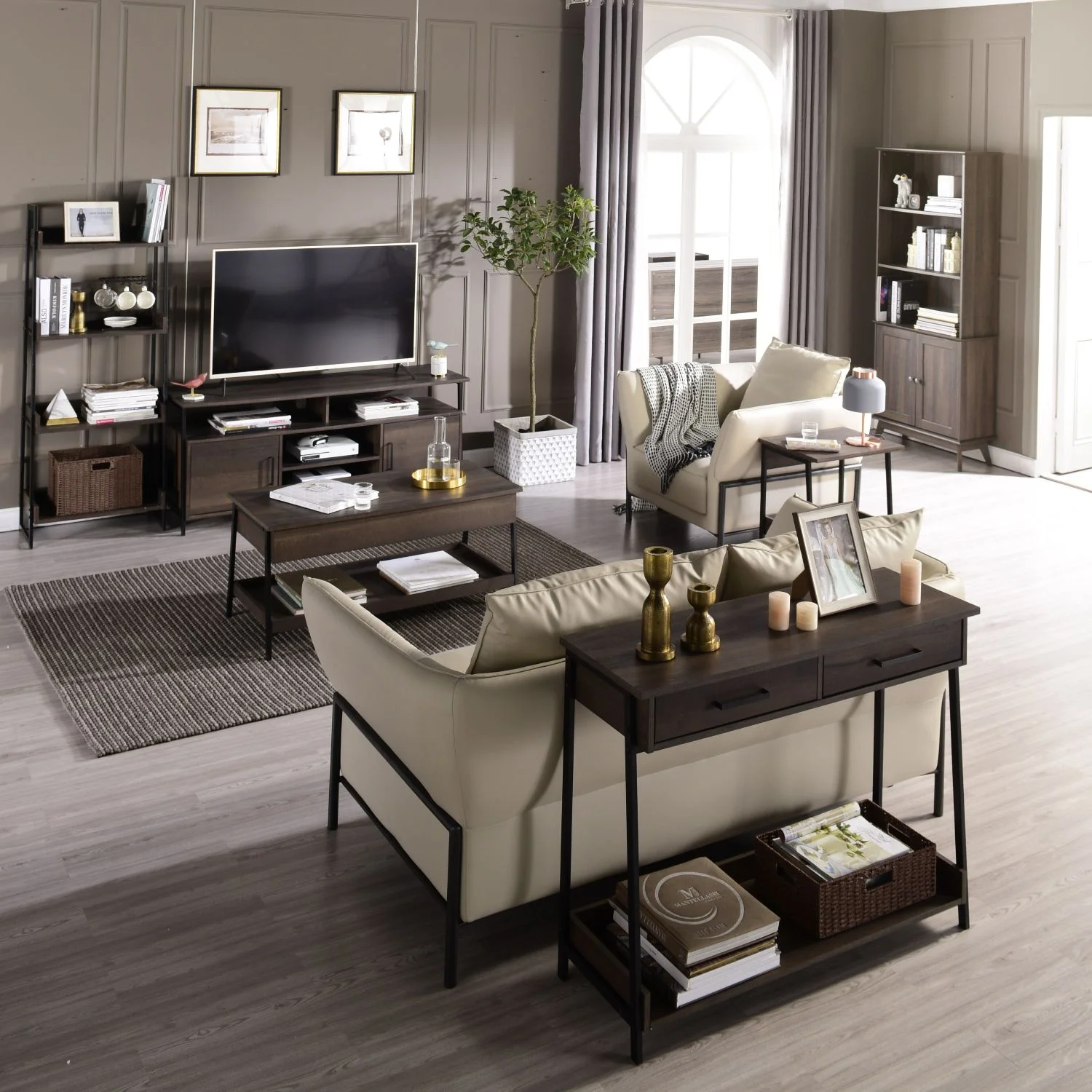 Caffoz 58' Home Entertainment Center Wood Media TV Stand, Smoky Oak
