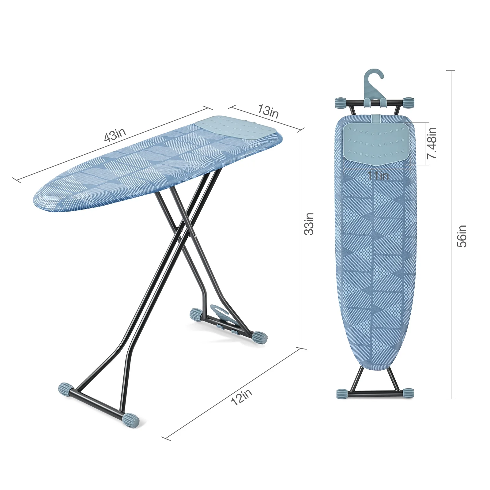 KK KINGRACK Ironing Board, Iron Board Full Size with Hanger & Rotating Nonslip Feet, 7 Level Height Adjustable, 43x13 in, Blue