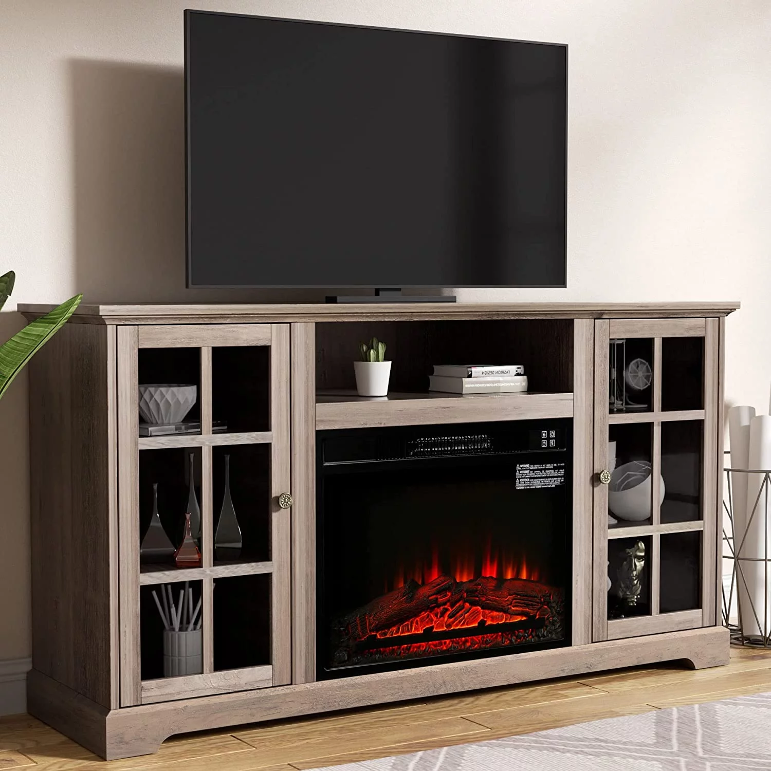 Fireplace TV Stand with 23' Electric Fireplace, Modern Living Room Entertainment Center for 65' TV,Gray