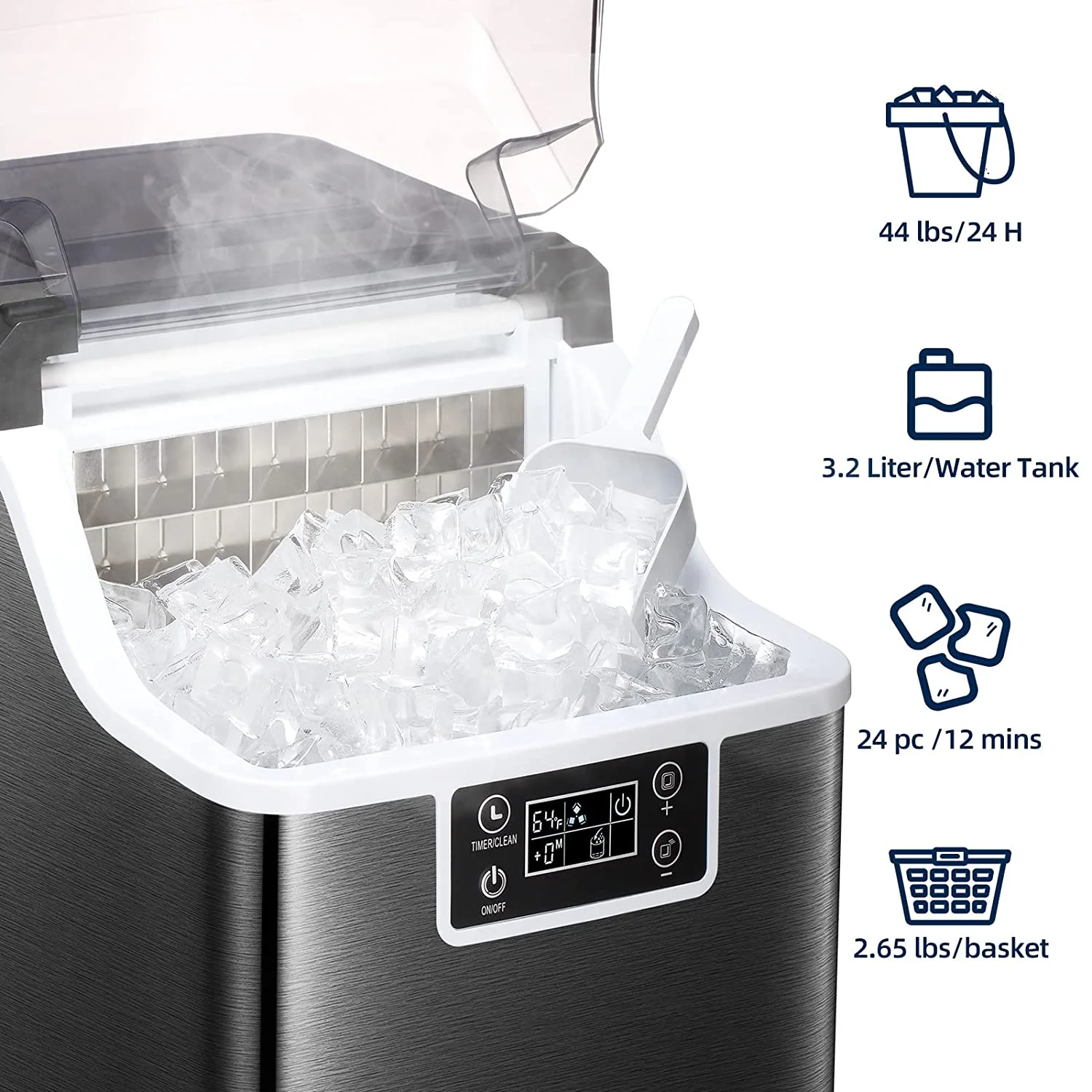 KISSAIR Countertop Ice Maker Machine, 44Lbs/24H Self-Cleaning Ice Makers, Portable Compact Ice Cube Maker, with Ice Scoop & Basket, for Home/Kitchen/Office