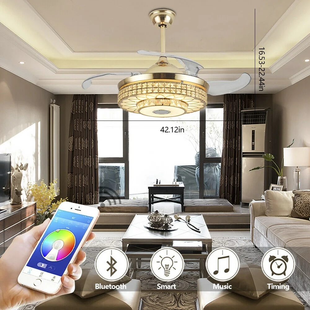42 Inch Modern Bluetooth Crystal Ceiling Fan with Light Remote Control Chandelier 7 Color Music Player Pendant Light for Dining Room Living Room Bedroom Modern Crystal Ceiling Fan Light