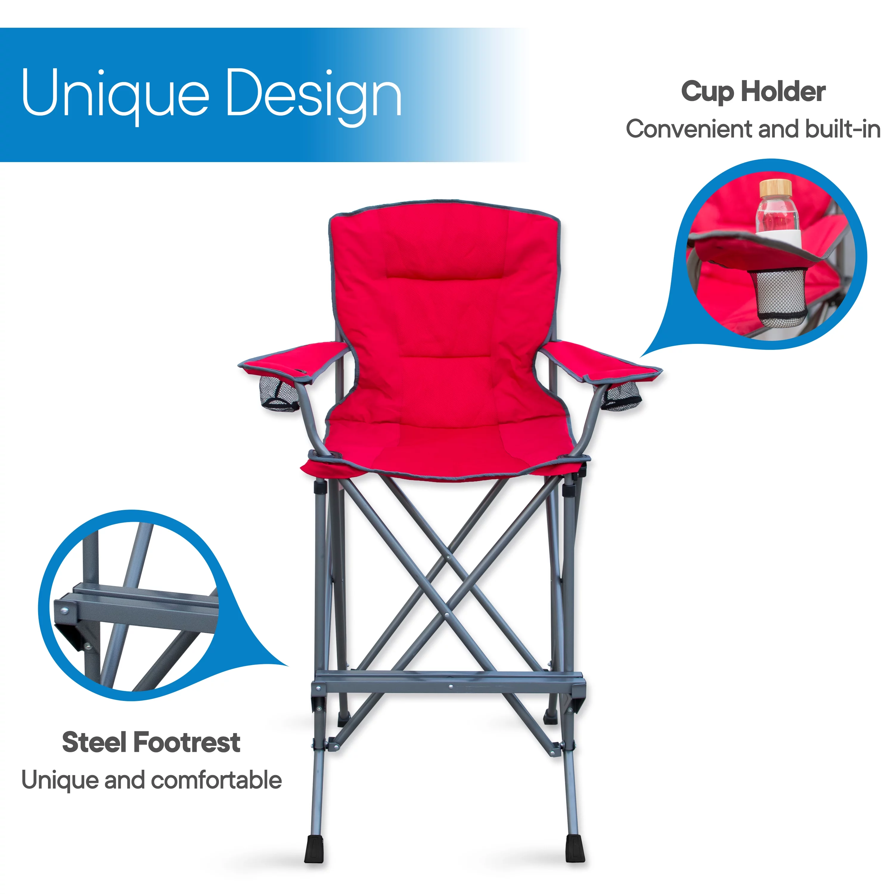 Extra Tall Folding Chair - Bar Height Director Chair for Camping, Home Patio and Sports - Portable and Collapsible with Footrest and Carrying Bag - Up to 300 lbs Weight Capacity (Red)