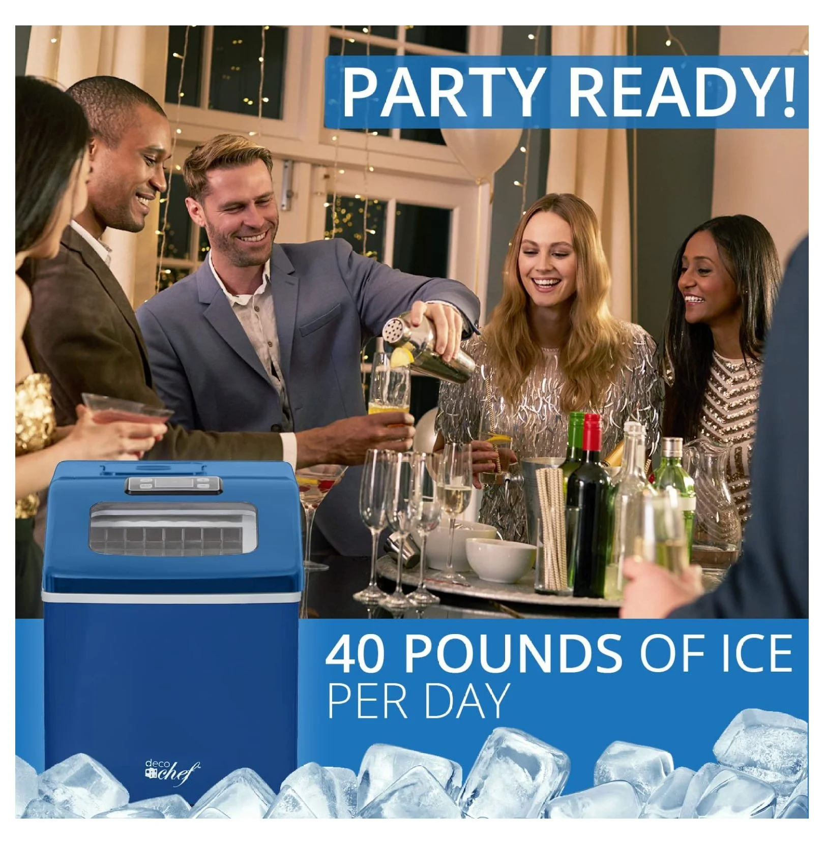 Countertop Ice Maker 40LB/24H, 24 Full Cubes Every 15 Minutes, Adjustable Size, Digital Control and Timer, Self-Cleaning, Included, Blue