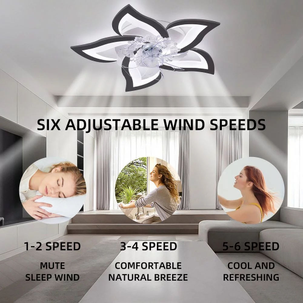 27inch Ceiling Fan with Lights and Remote Control, 6 Petals Modern Bladeless Fan Light, Low Profile 3 Switchable LED Light and Ultra Quiet 6 Gear Wind Speed, Ceiling Fan with Smart Timer Black
