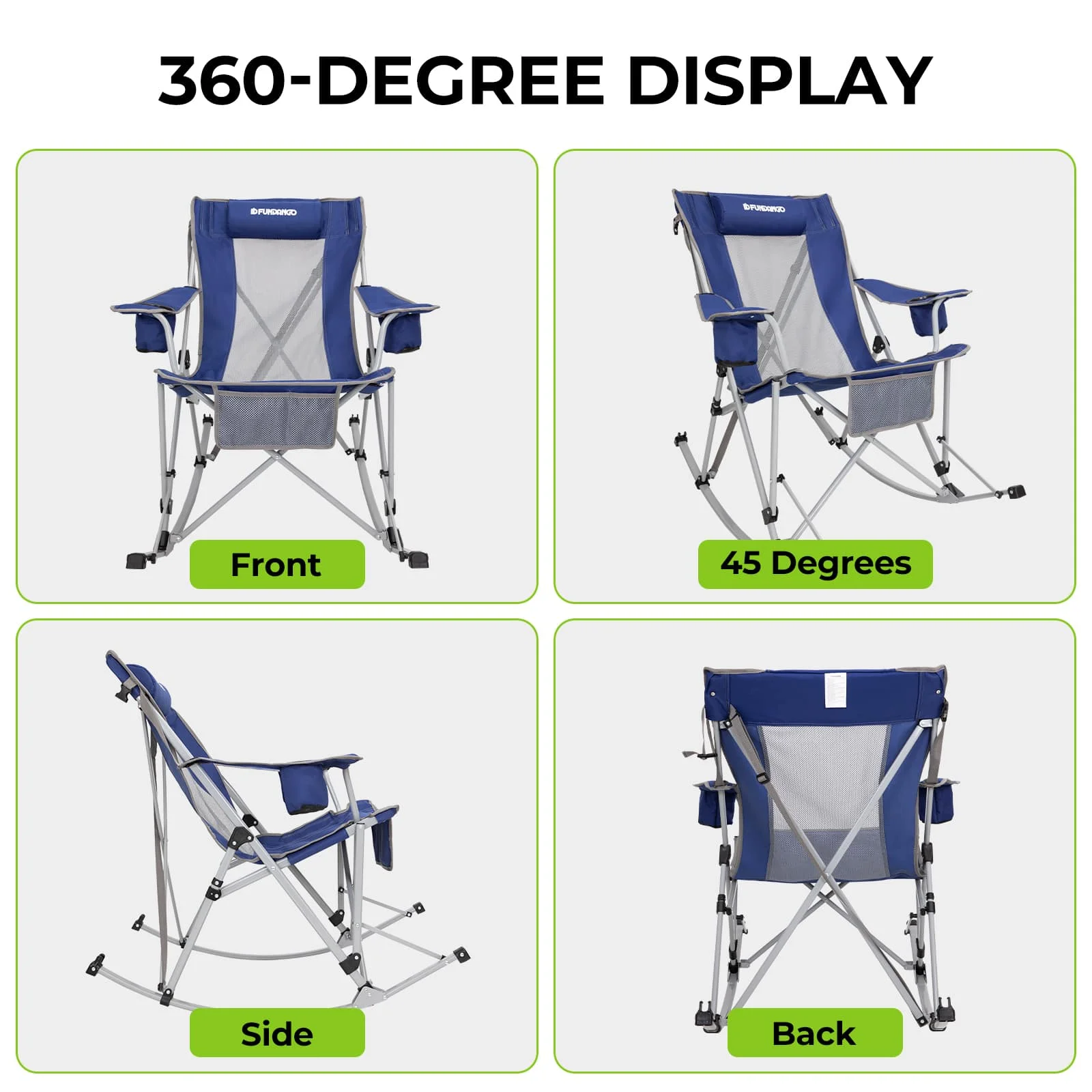 FUNDANGO 2 Pack Camping Rocking Chair Patio Swing Lounge Folding Chair with Headrest for Adult Blue