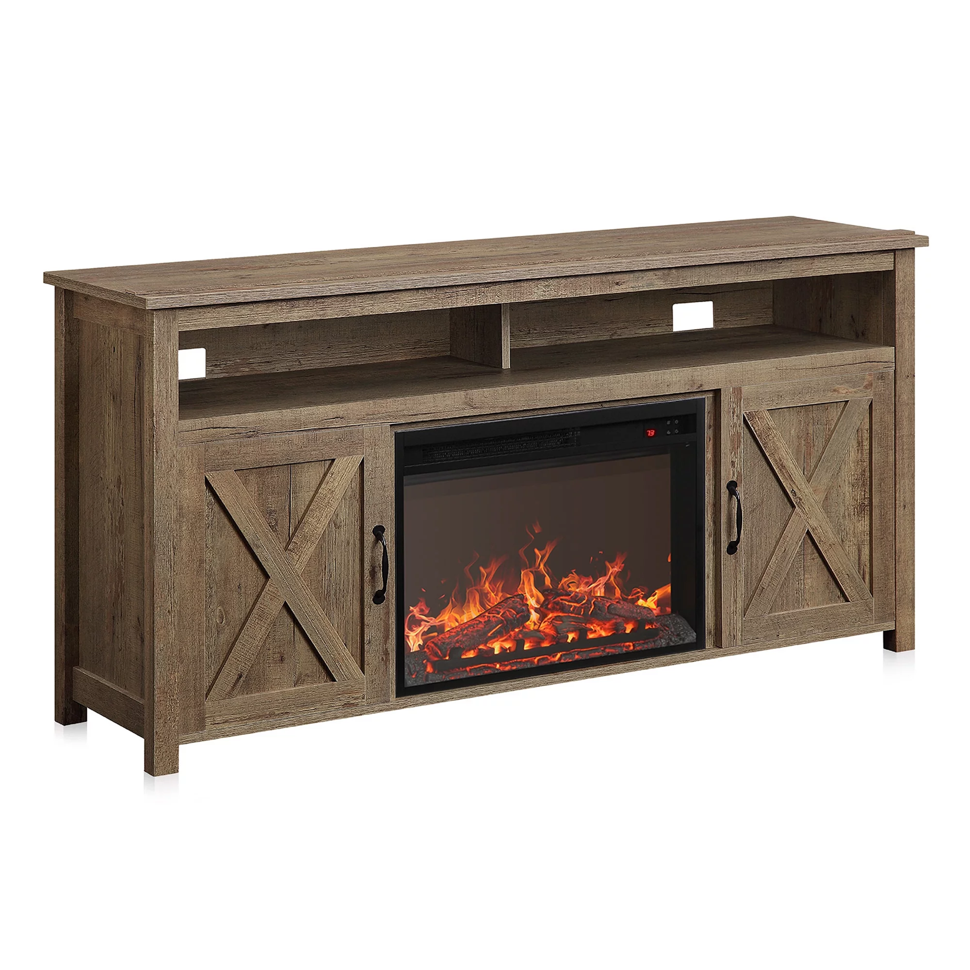 BELLEZE 58' Barn Door TV Stand Media Entertainment Center For TVs up to 65' wiht 23' Fireplace - Corin (Wood)